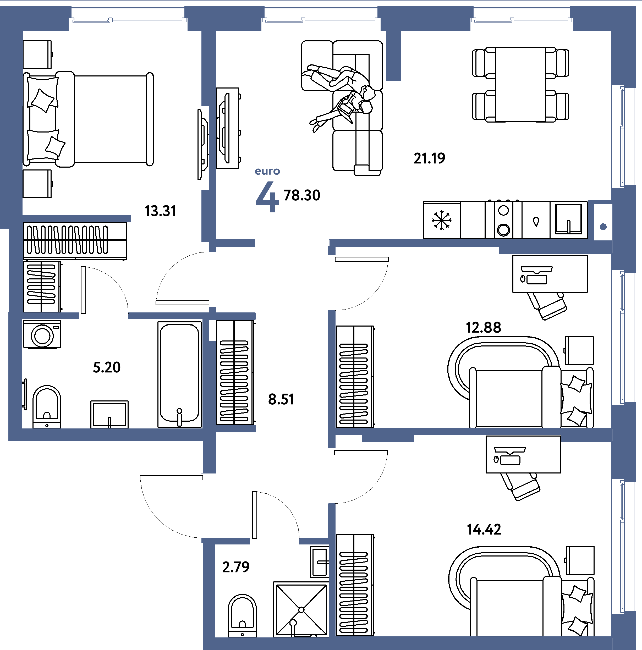 Планировка: Евро-4 78,3 м² в ЖК «Европейский берег 2.0»