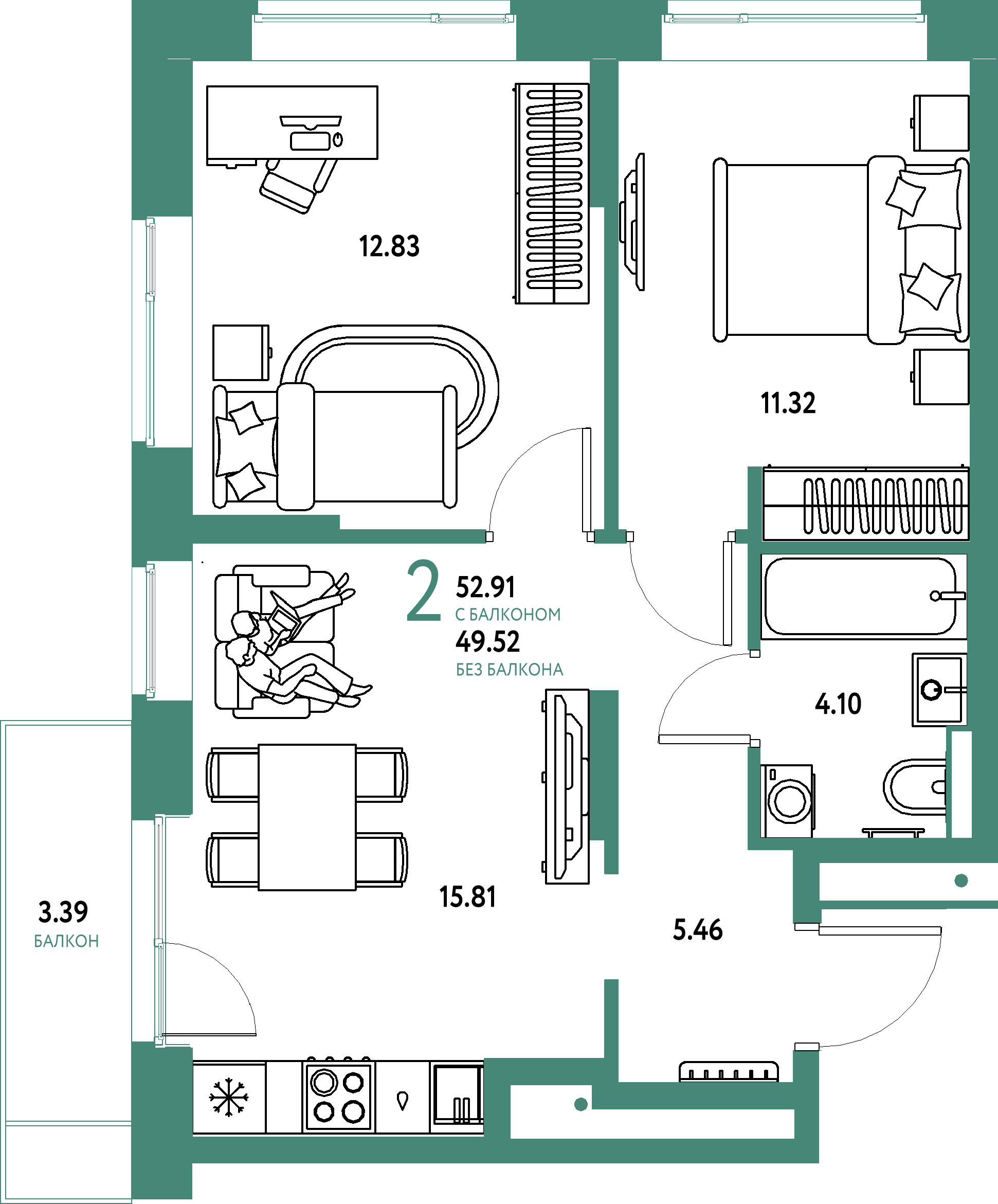 Планировка: 2-комнатная 52,91 м² в ЖК «Авторский»