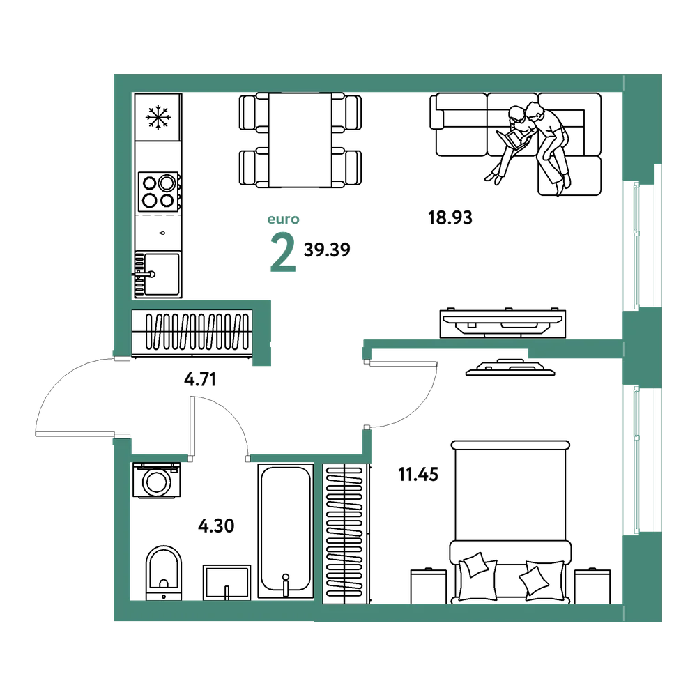Планировка: Евродвушка 39,39 м²