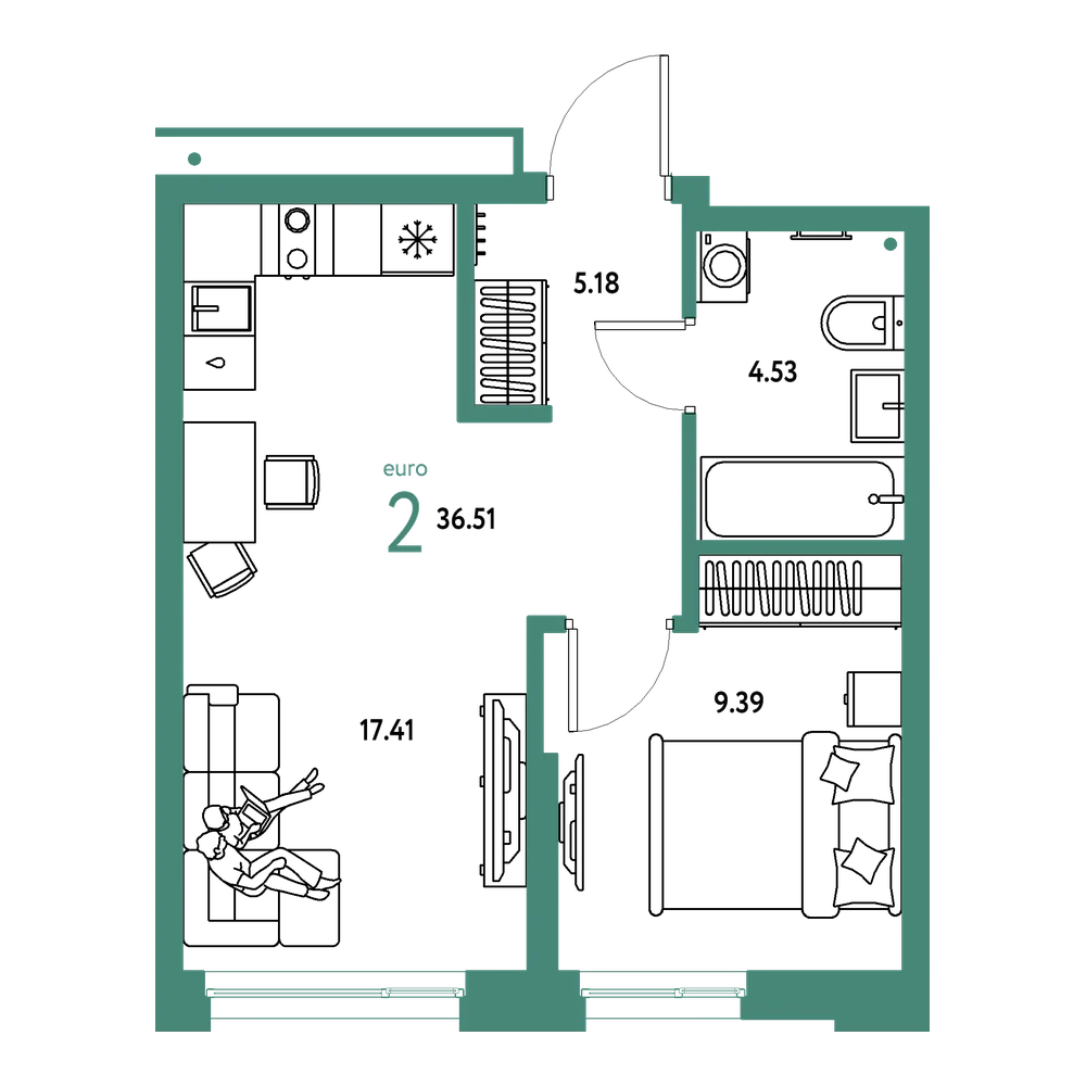 Планировка: Евродвушка 36,51 м²
