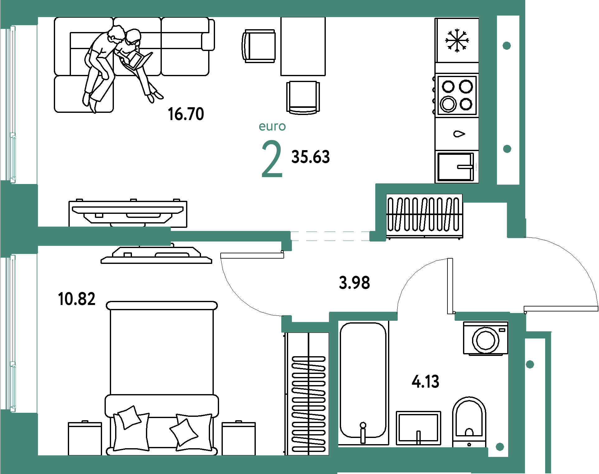 Планировка: Евродвушка 35,63 м² в ЖК «Домашний»