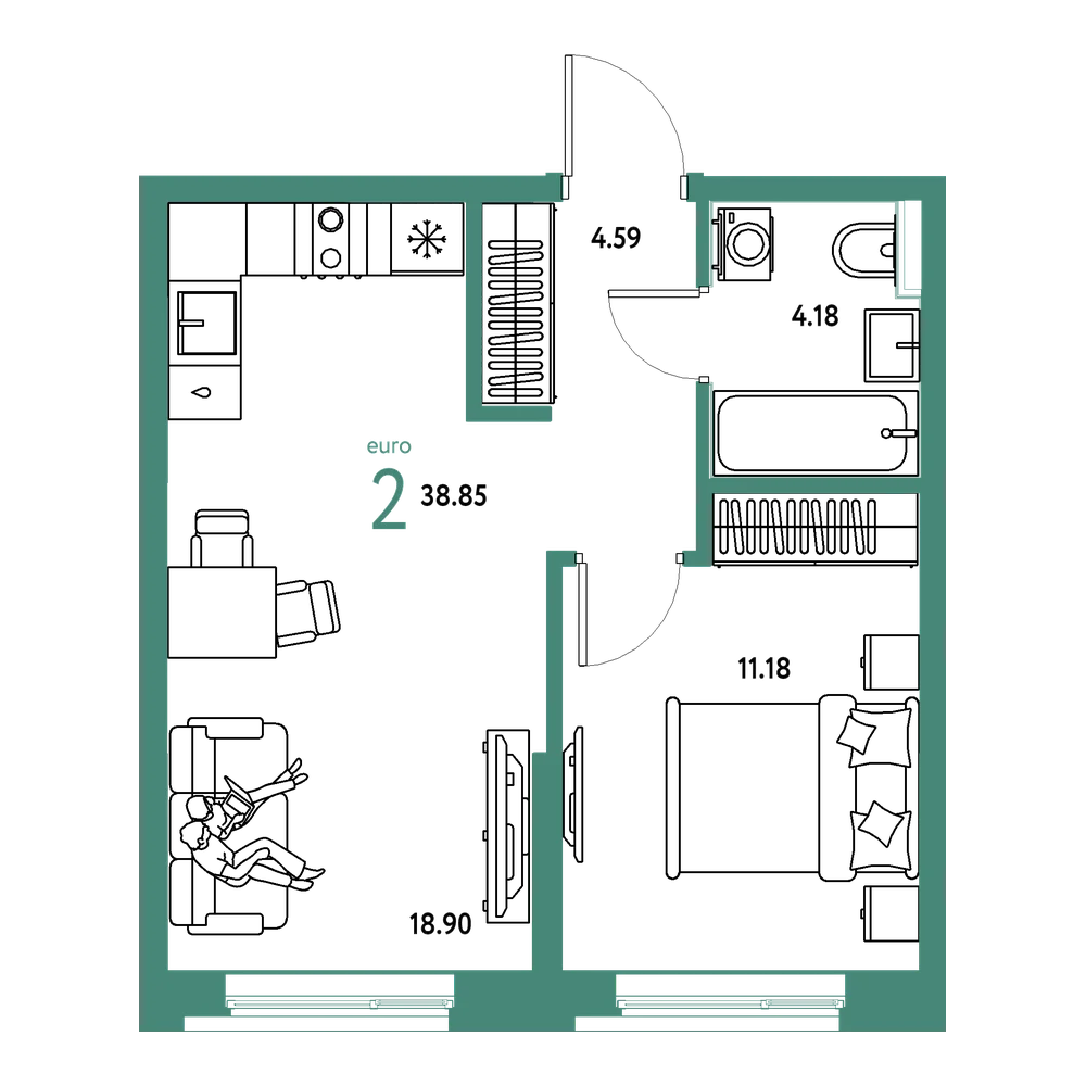 Планировка: Евродвушка 38,83 м²