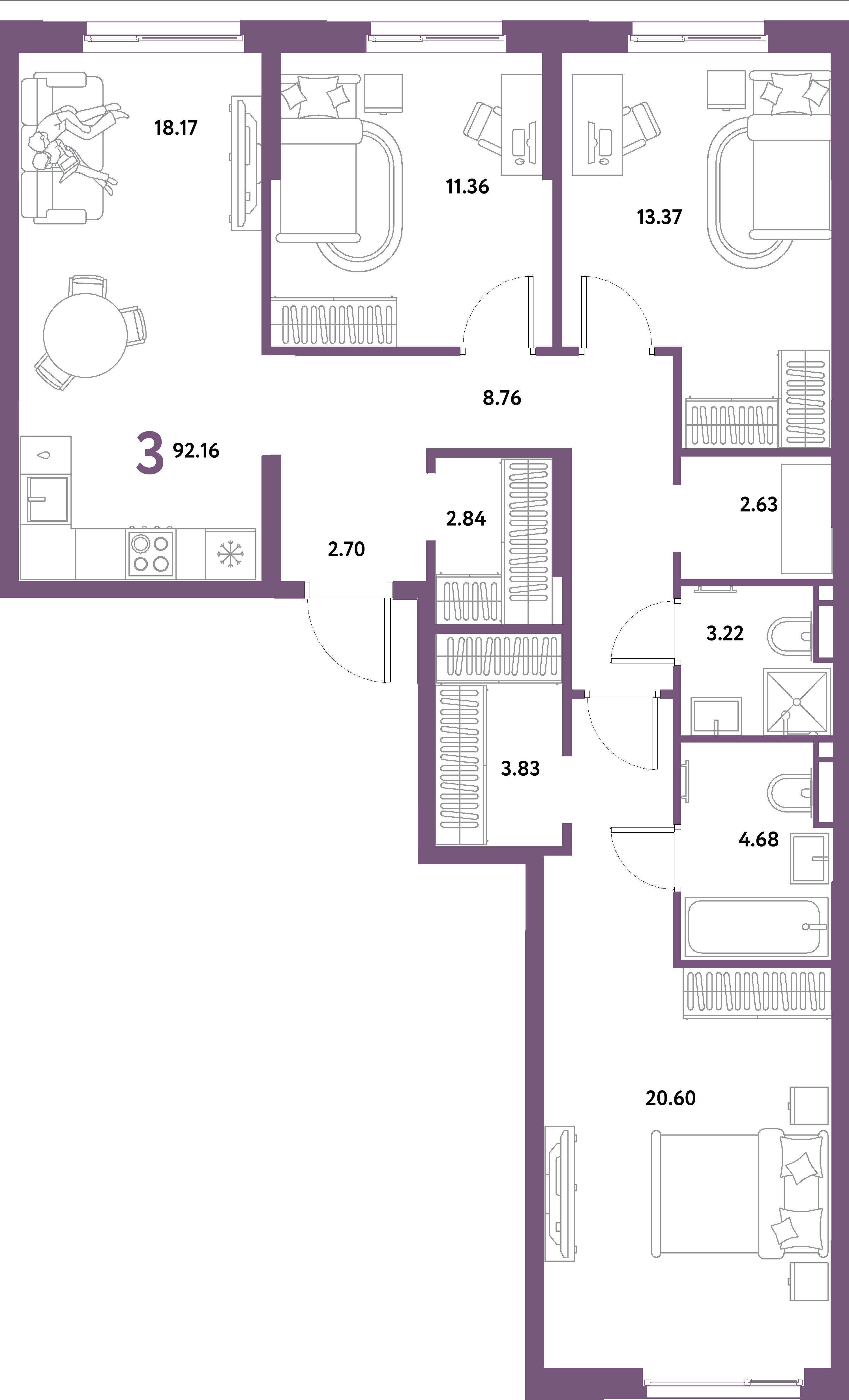 Планировка: 3-комнатная 92,16 м² в ЖК «Остров-сад»