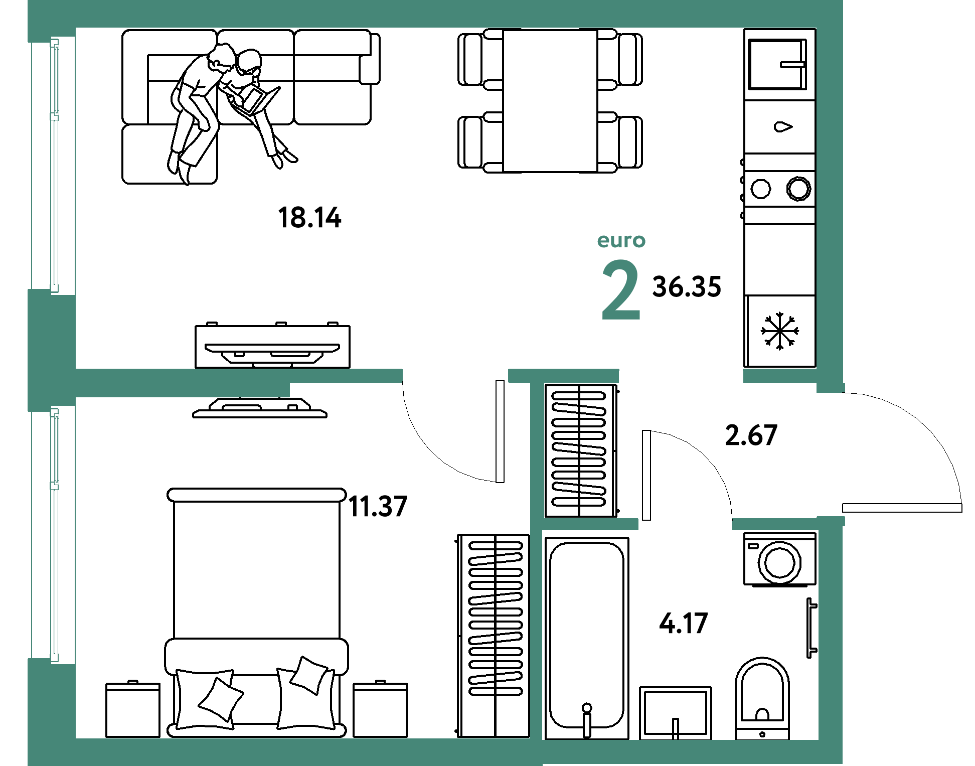 Планировка: Евродвушка 36,35 м² в ЖК «Европейский берег 2.0»