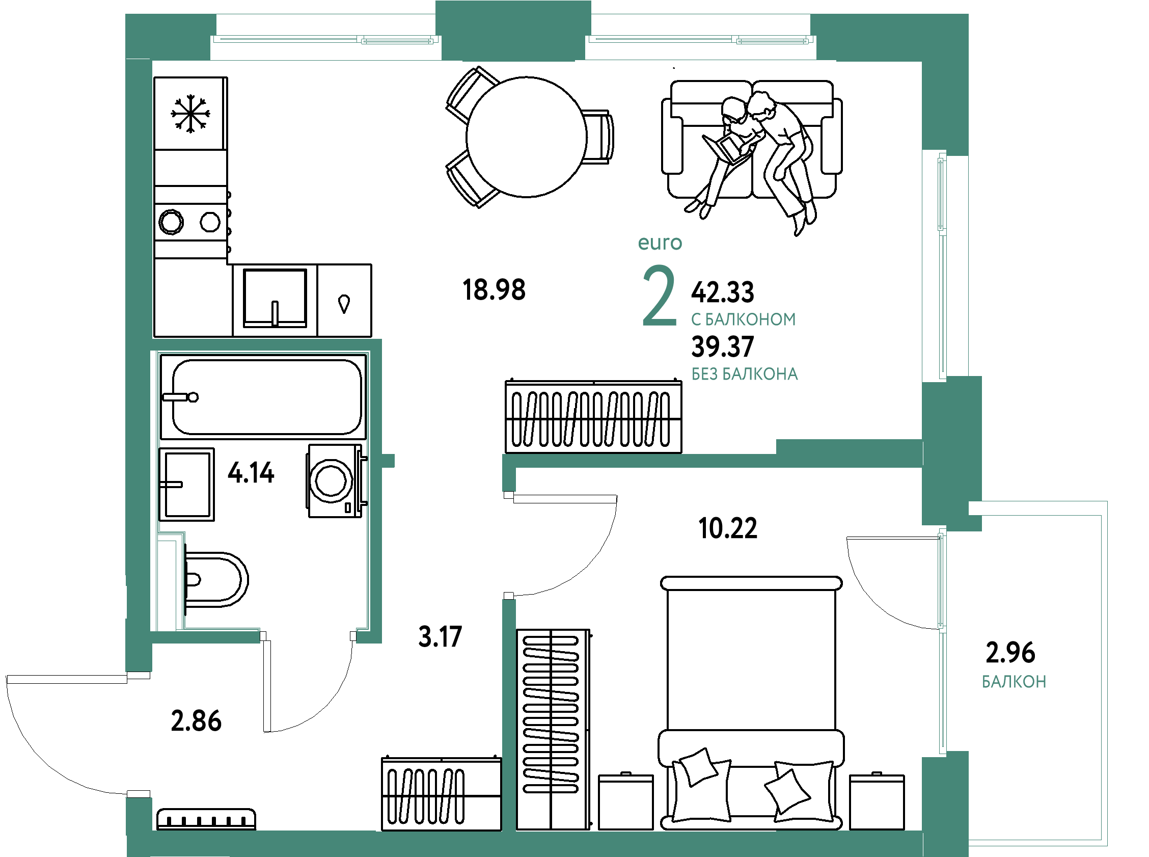 Планировка: Евродвушка 42,05 м² в ЖК «Домашний»