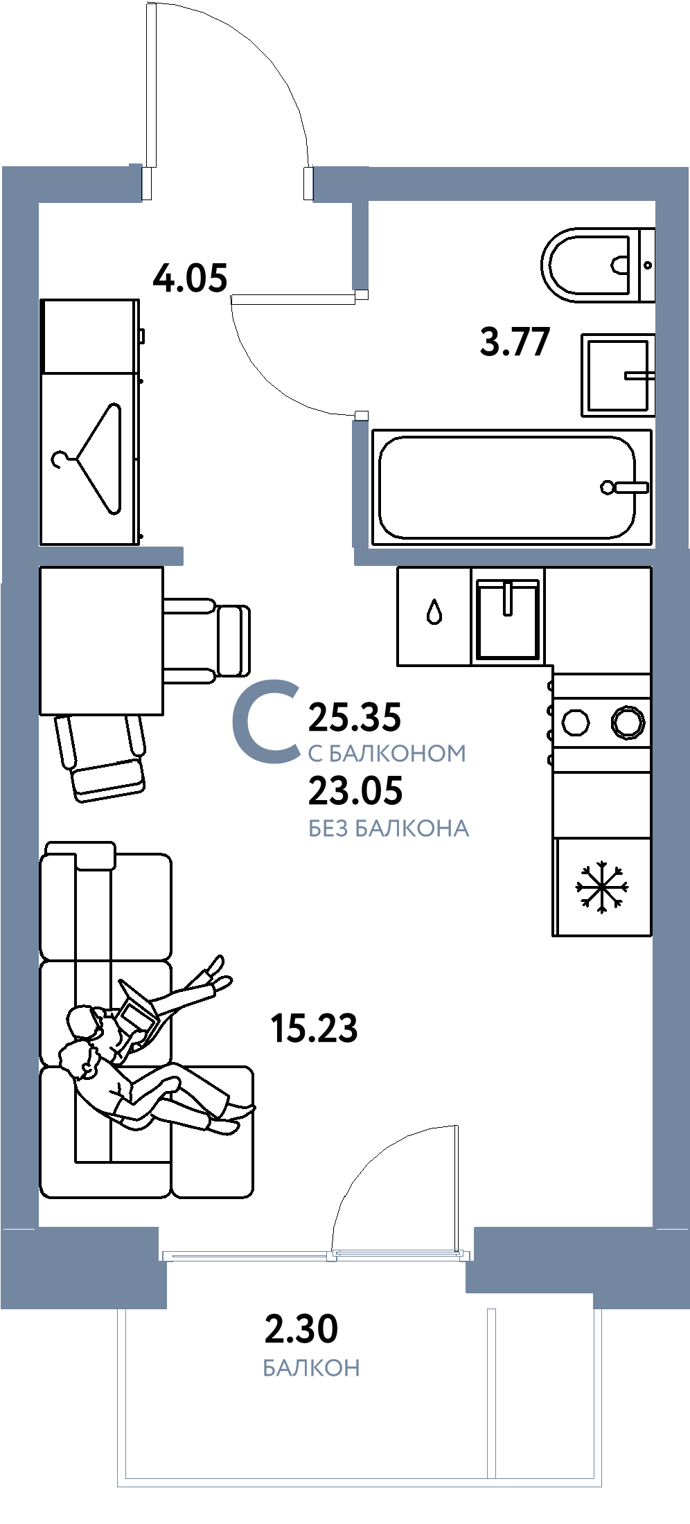 Планировка: Студия 25,35 м² в ЖК «Европейский берег 2.0»