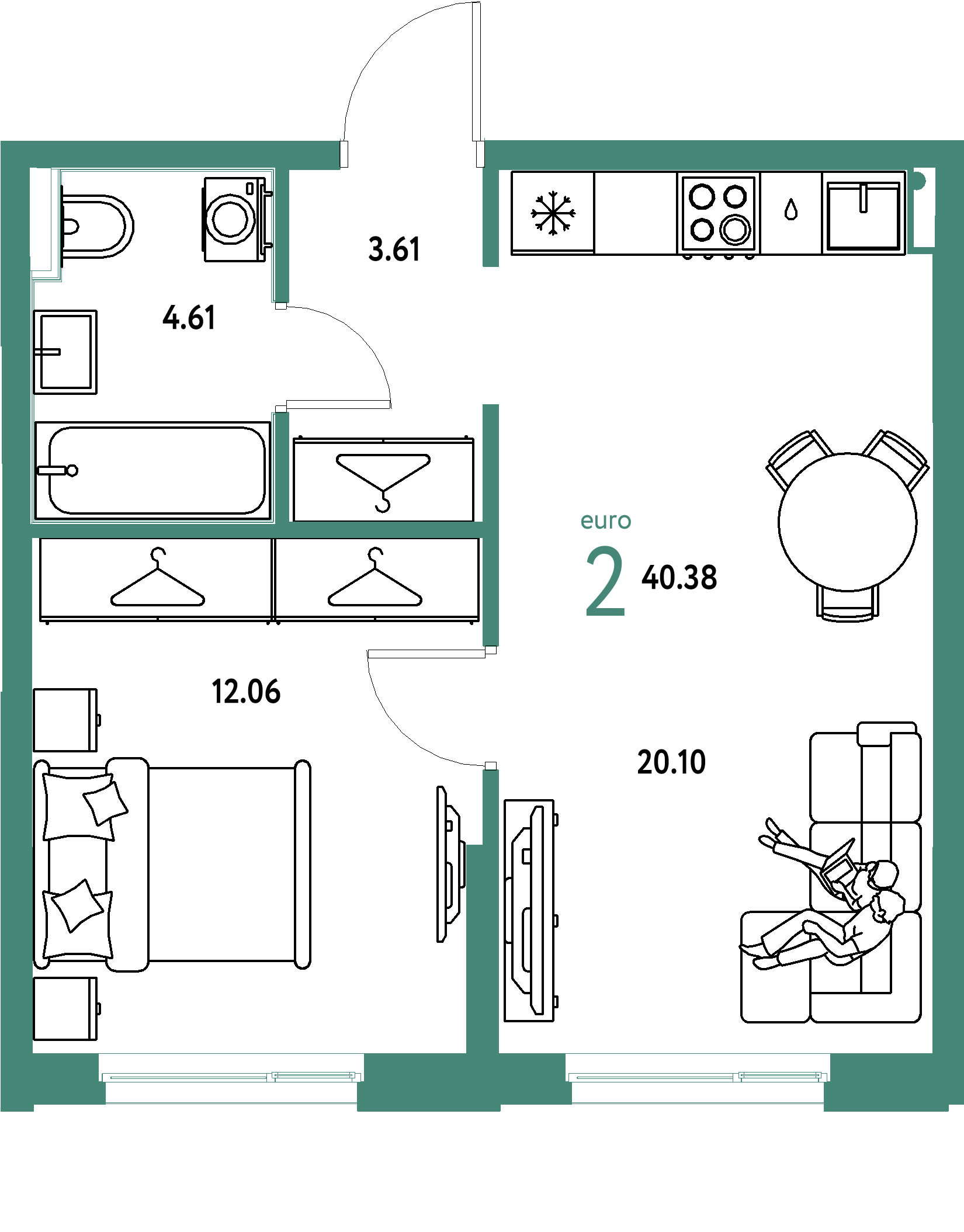 Планировка: Евродвушка 40,38 м² в ЖК «Европейский берег 2.0»