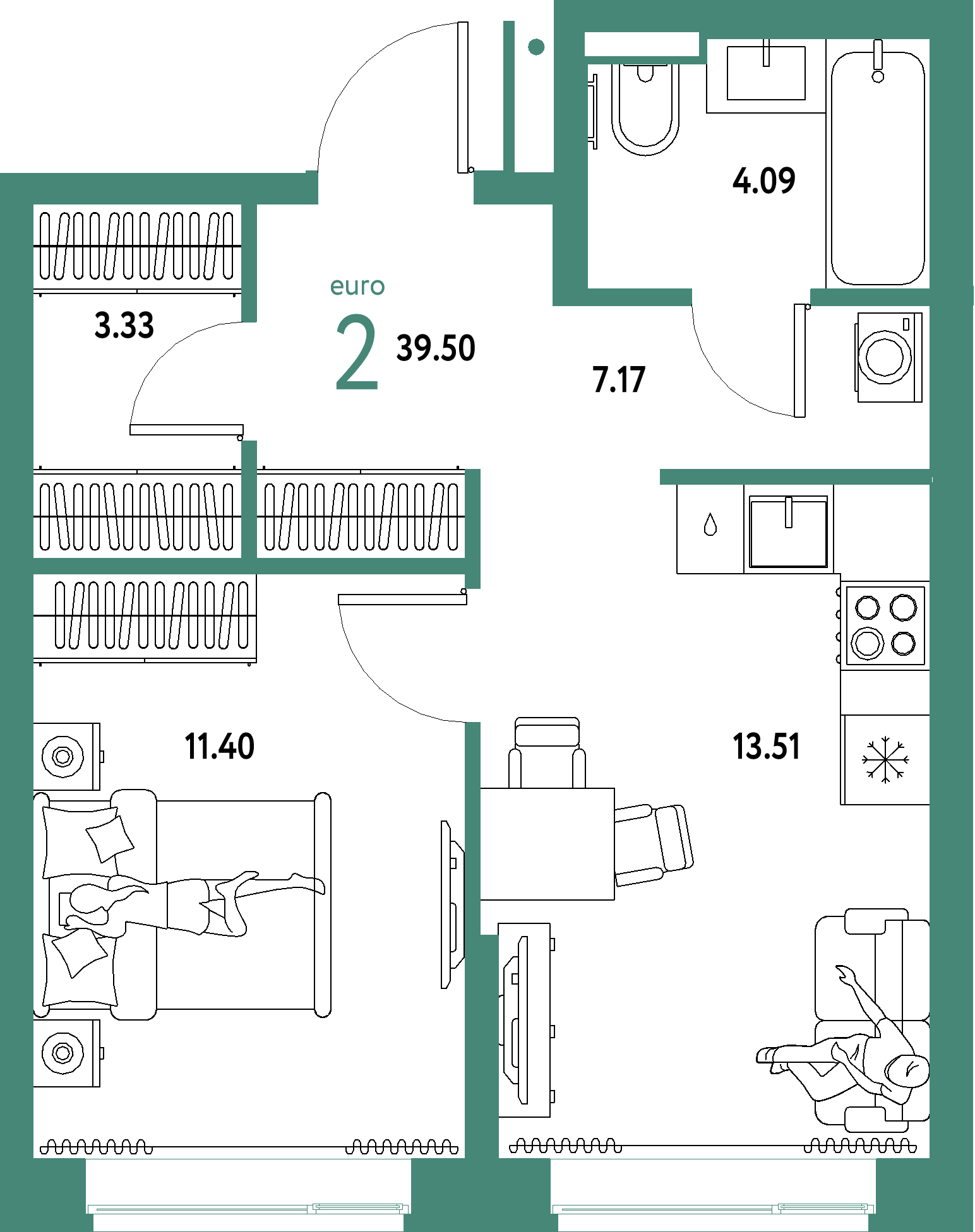 Планировка: Евродвушка 39,5 м² в ЖК «Домашний»
