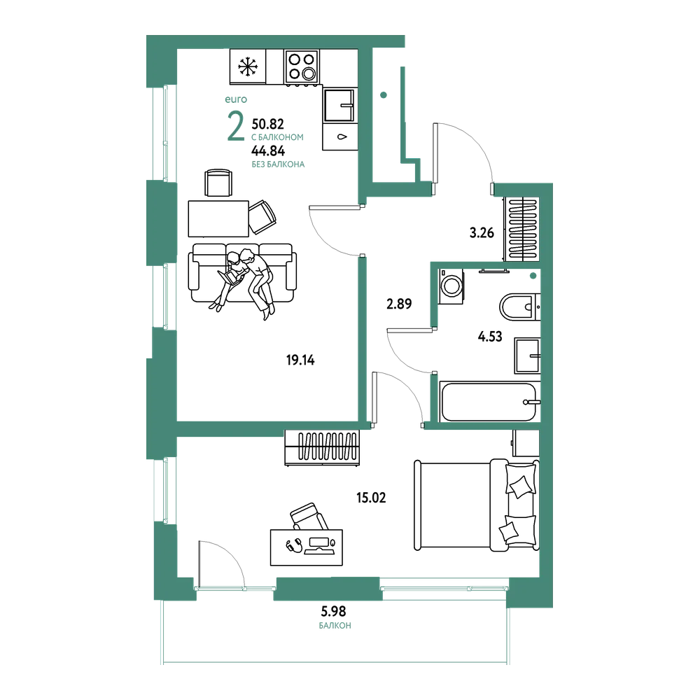 Планировка: Евродвушка 50,82 м²