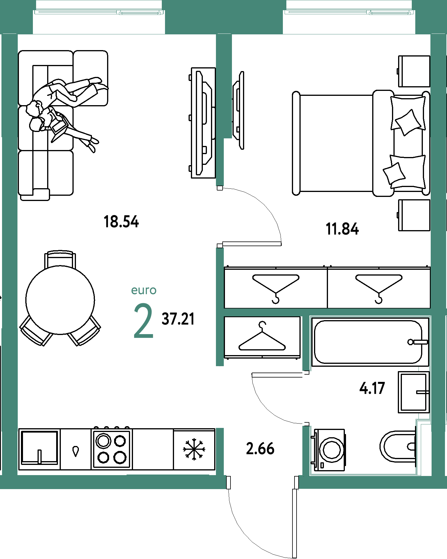 Планировка: Евродвушка 37,21 м² в ЖК «Европейский берег 2.0»