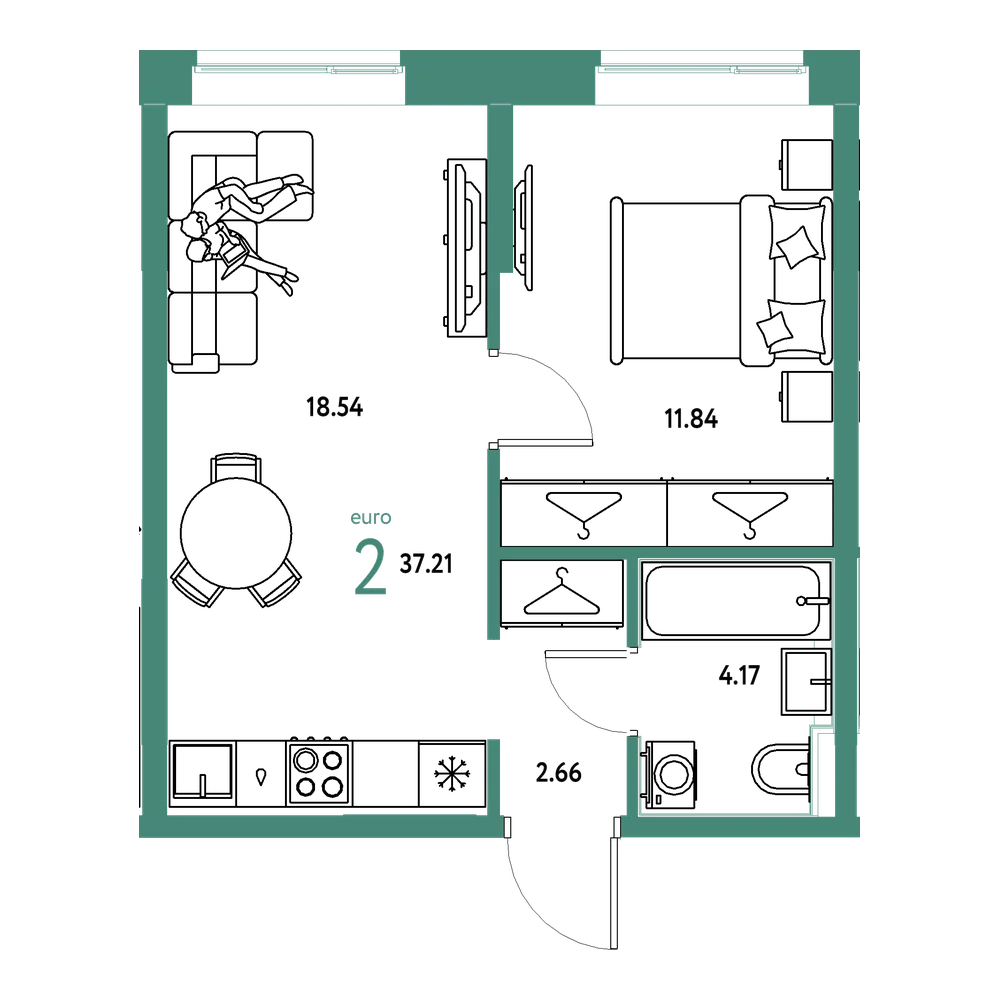 Планировка: Евродвушка 37,21 м²