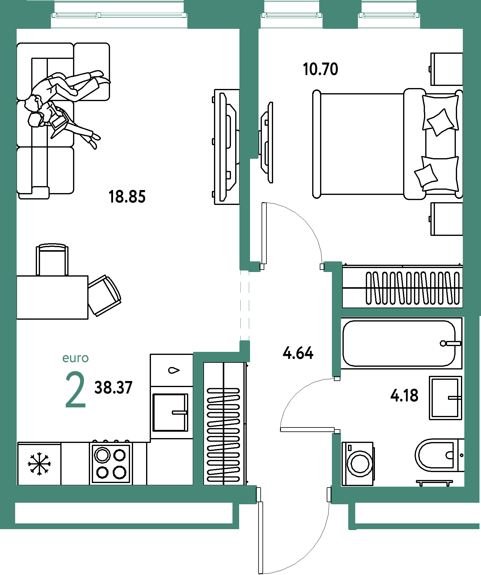 Планировка: Евродвушка 38,37 м² в ЖК «Домашний»