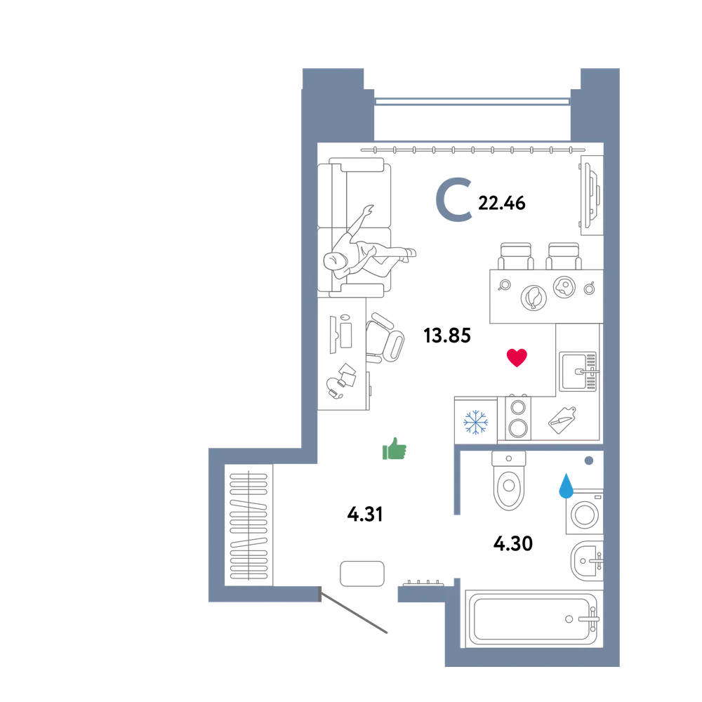 Планировка: Студия 22,46 м²