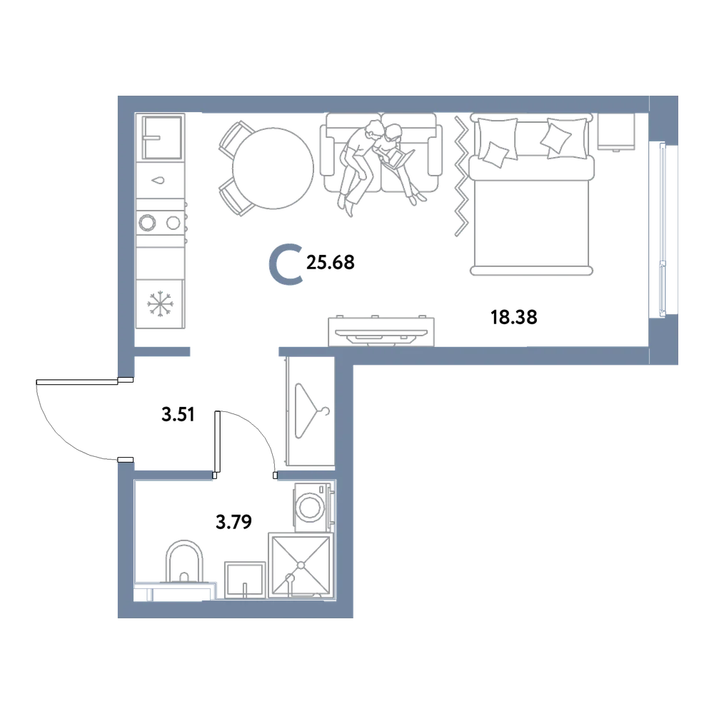 Планировка: Студия 25,68 м²