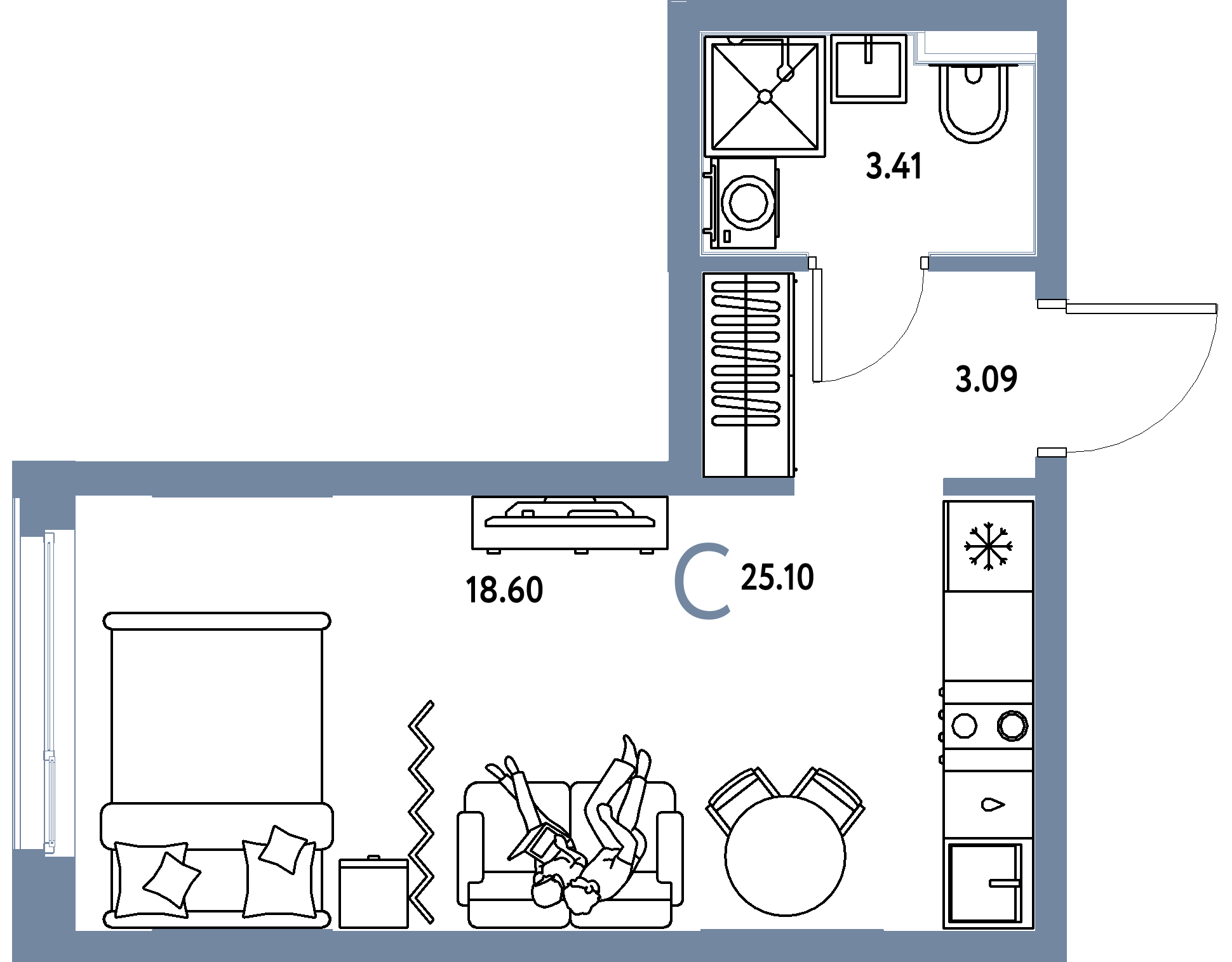 Планировка: Студия 25,1 м² в ЖК «Сердце Сибири»