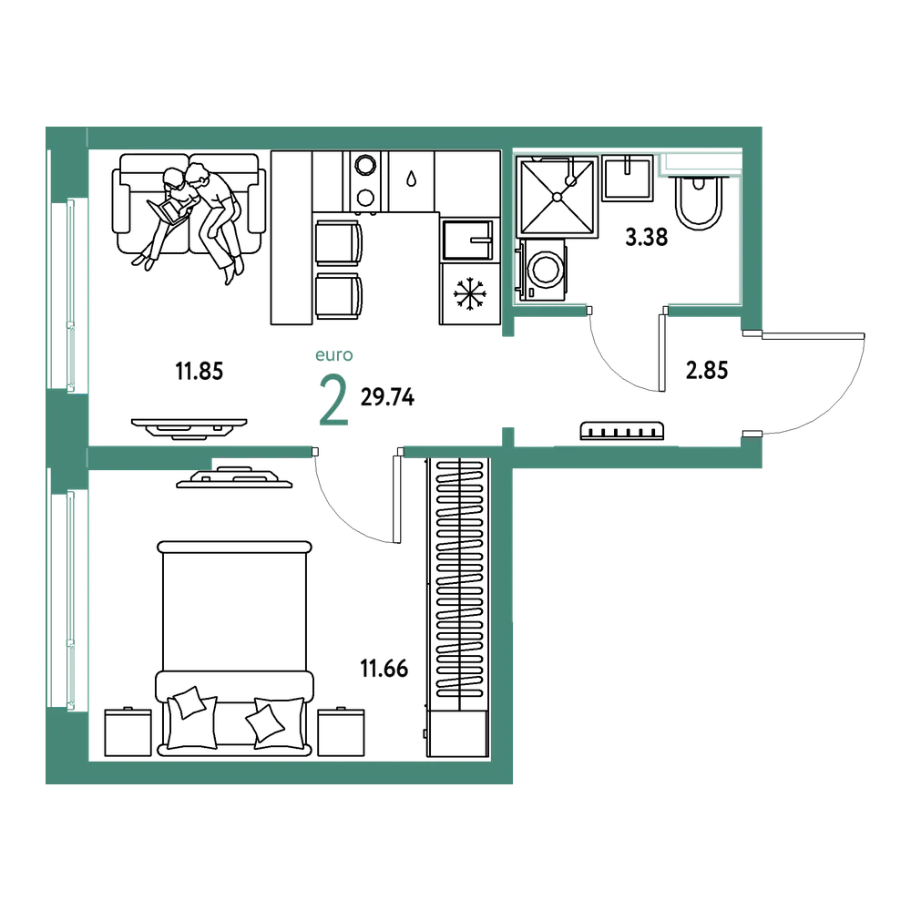 Планировка: Евродвушка 29,74 м²