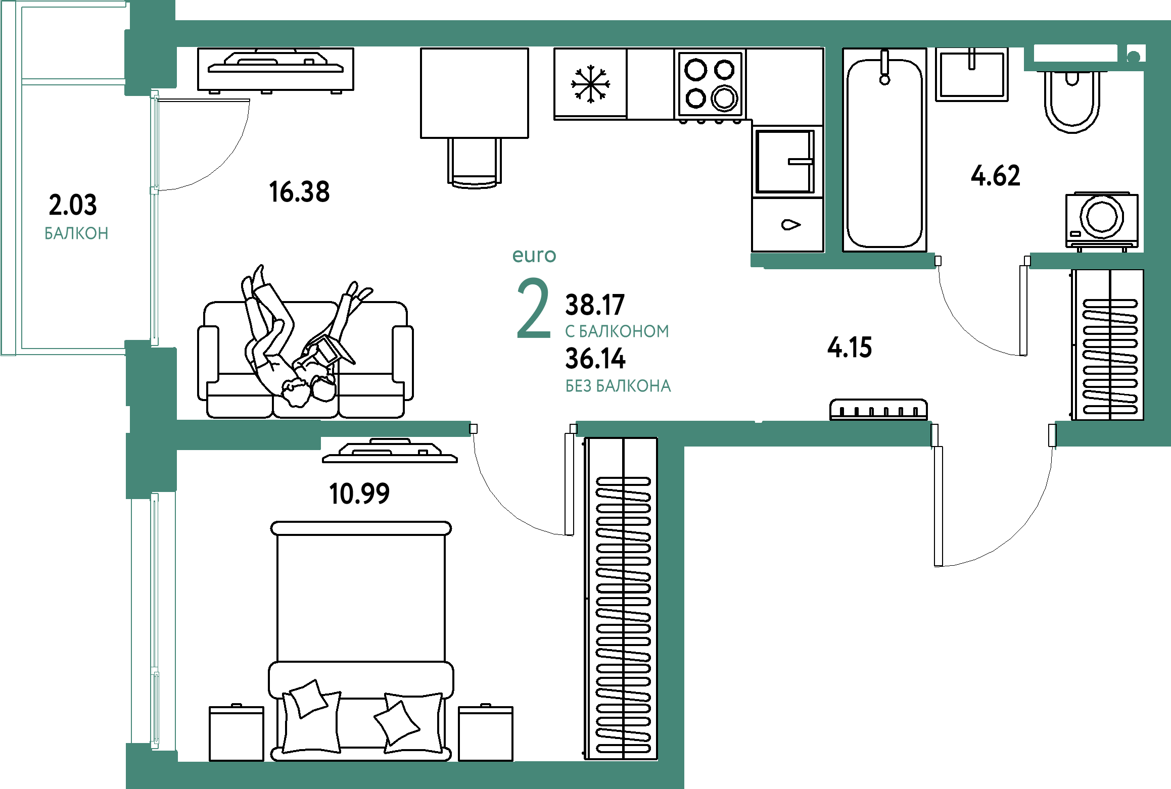 Планировка: Евродвушка 38,17 м² в ЖК «Страна.Прибрежная»
