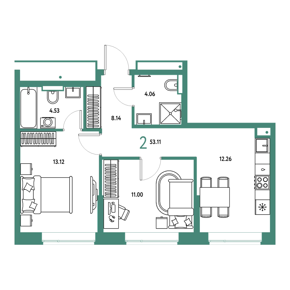 Планировка: 2-комнатная 53,11 м²