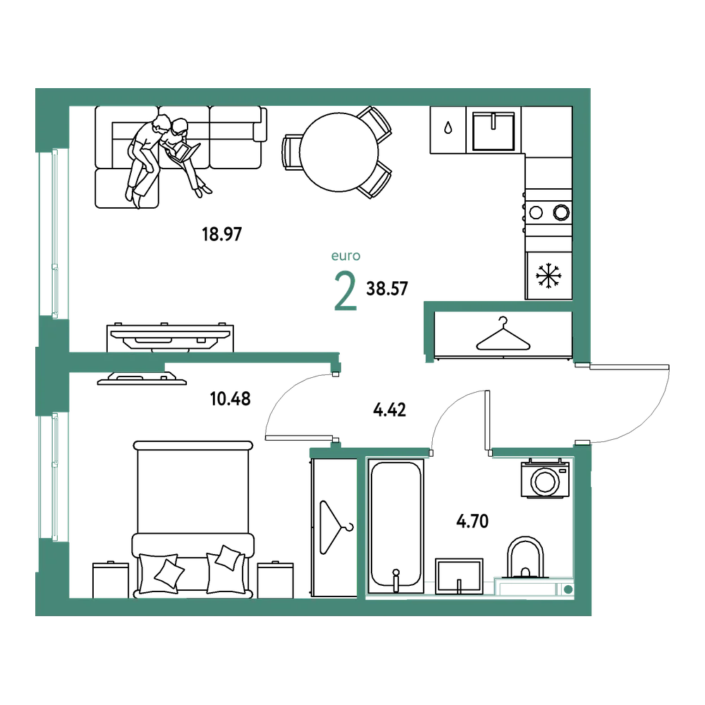 Планировка: Евродвушка 38,57 м²