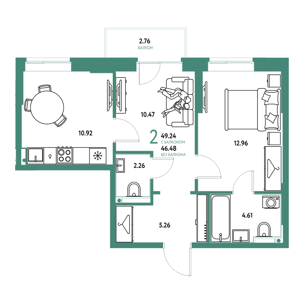 Планировка: 2-комнатная 49,24 м²