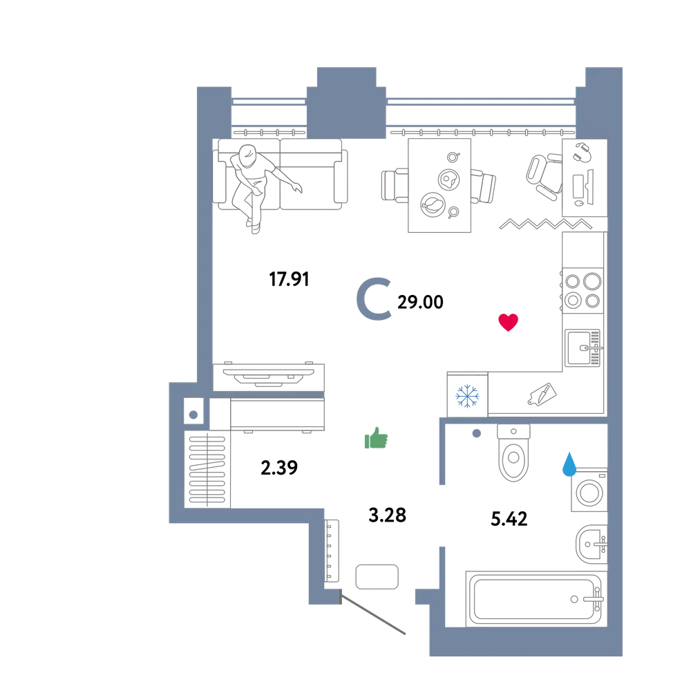 Планировка: Студия 29 м²