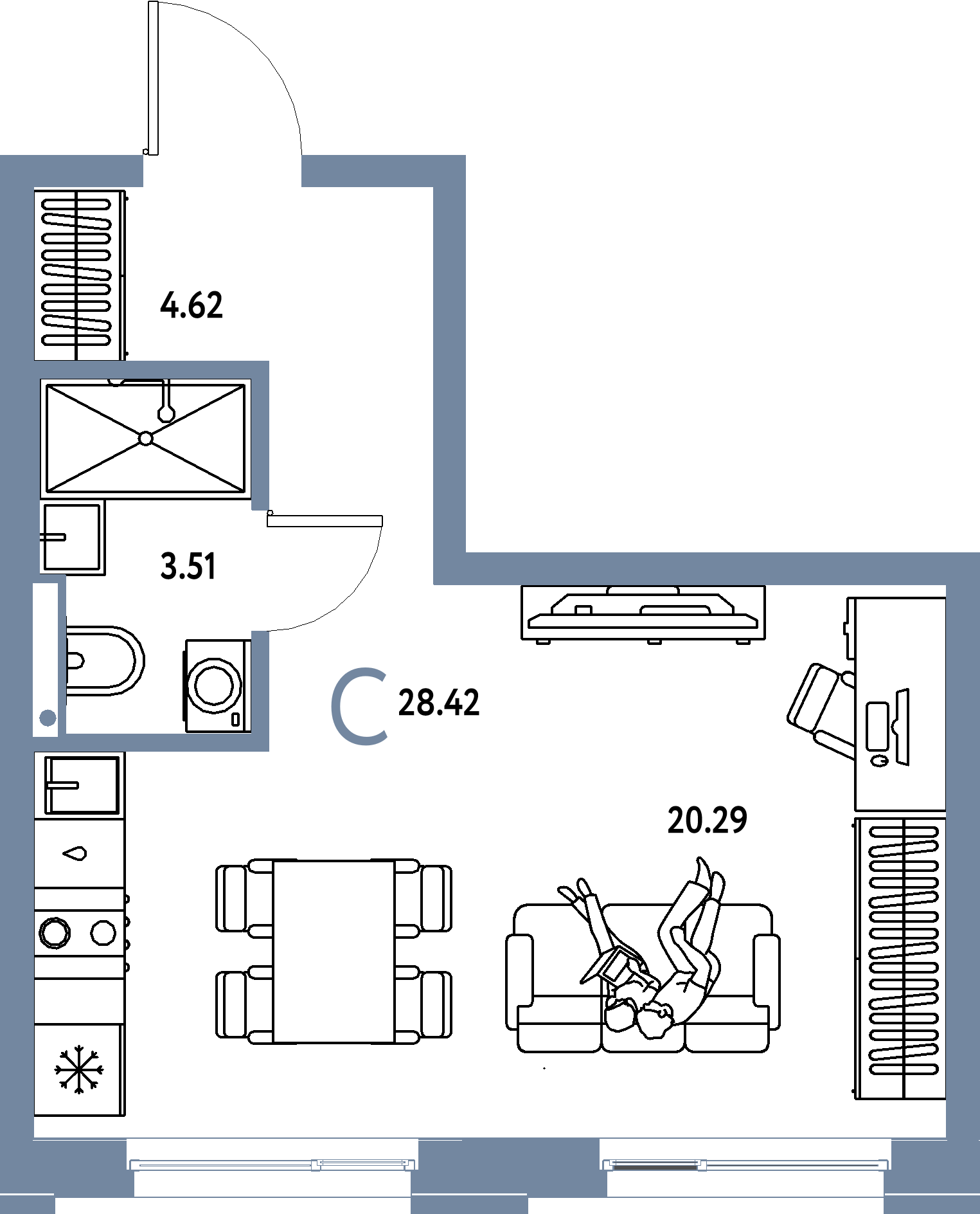 Планировка: Студия 28,42 м² в ЖК «Домашний»