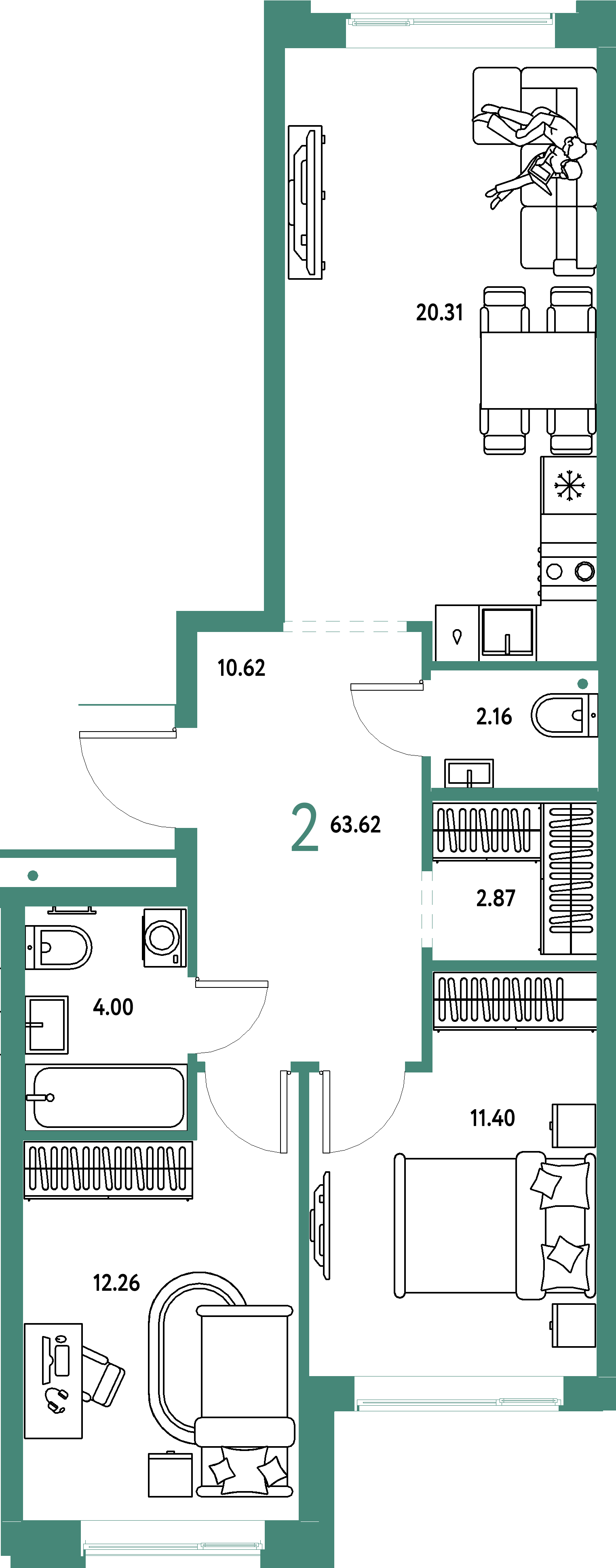 Планировка: 2-комнатная 63,62 м² в ЖК «Домашний»
