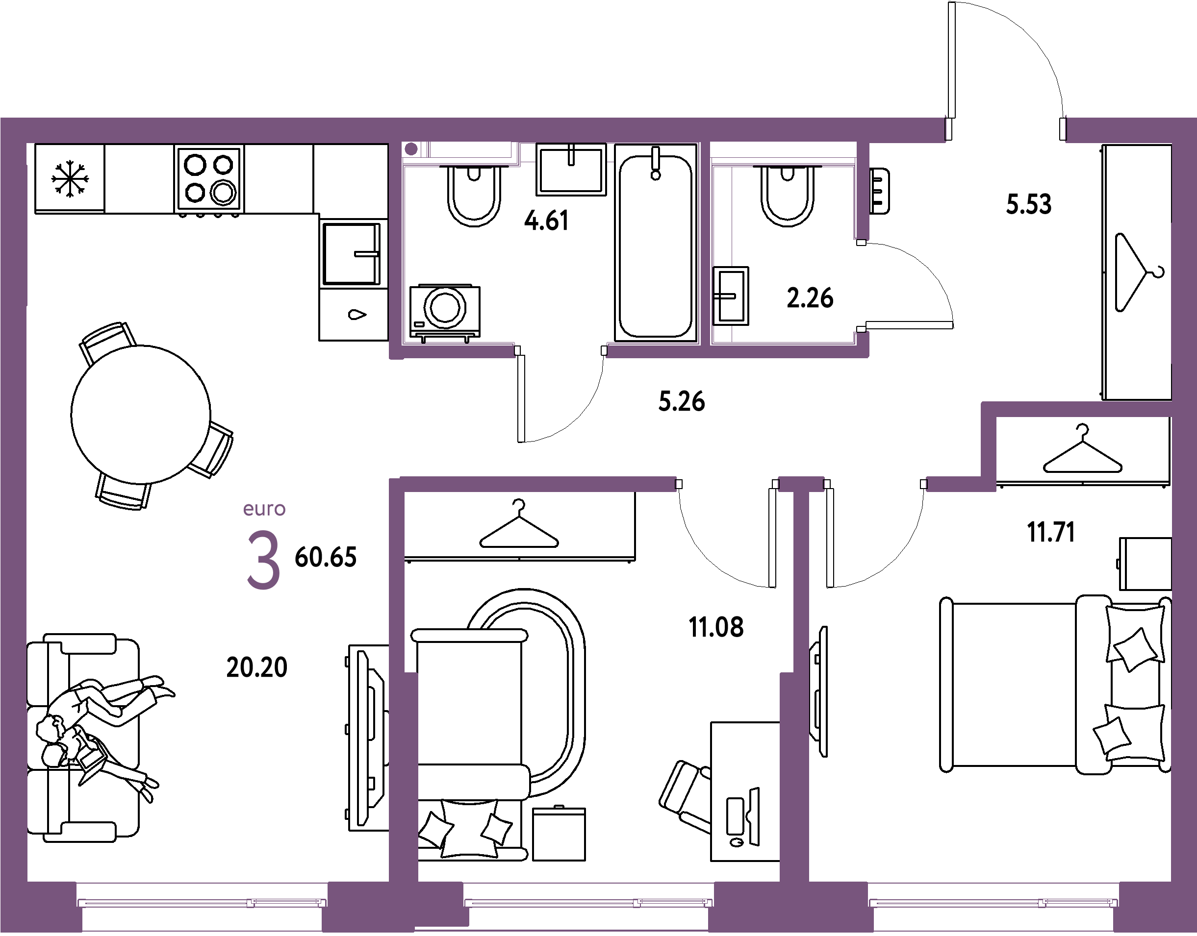 Планировка: Евротрёшка 60,65 м² в ЖК «Страна.Прибрежная»