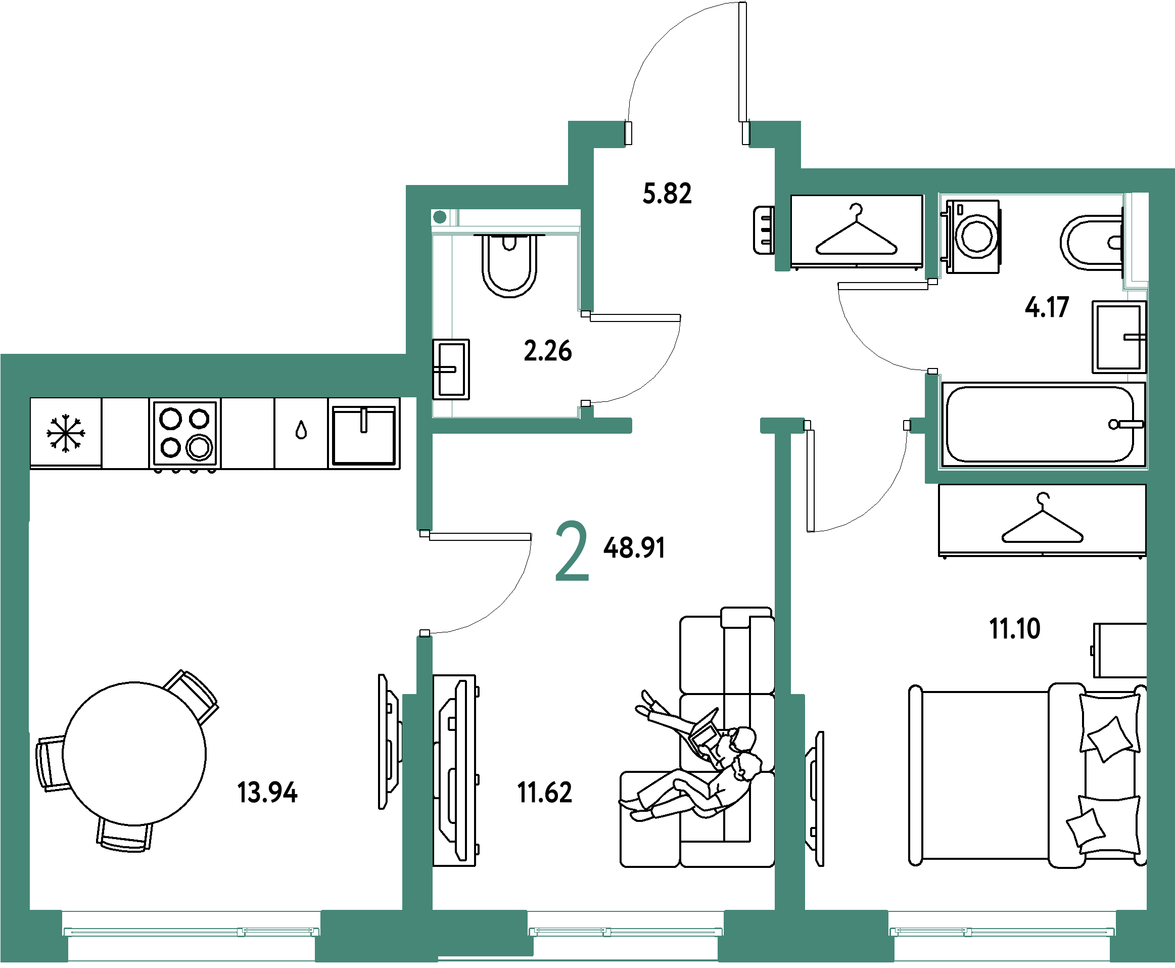 Планировка: 2-комнатная 48,91 м² в ЖК «Страна.Прибрежная»