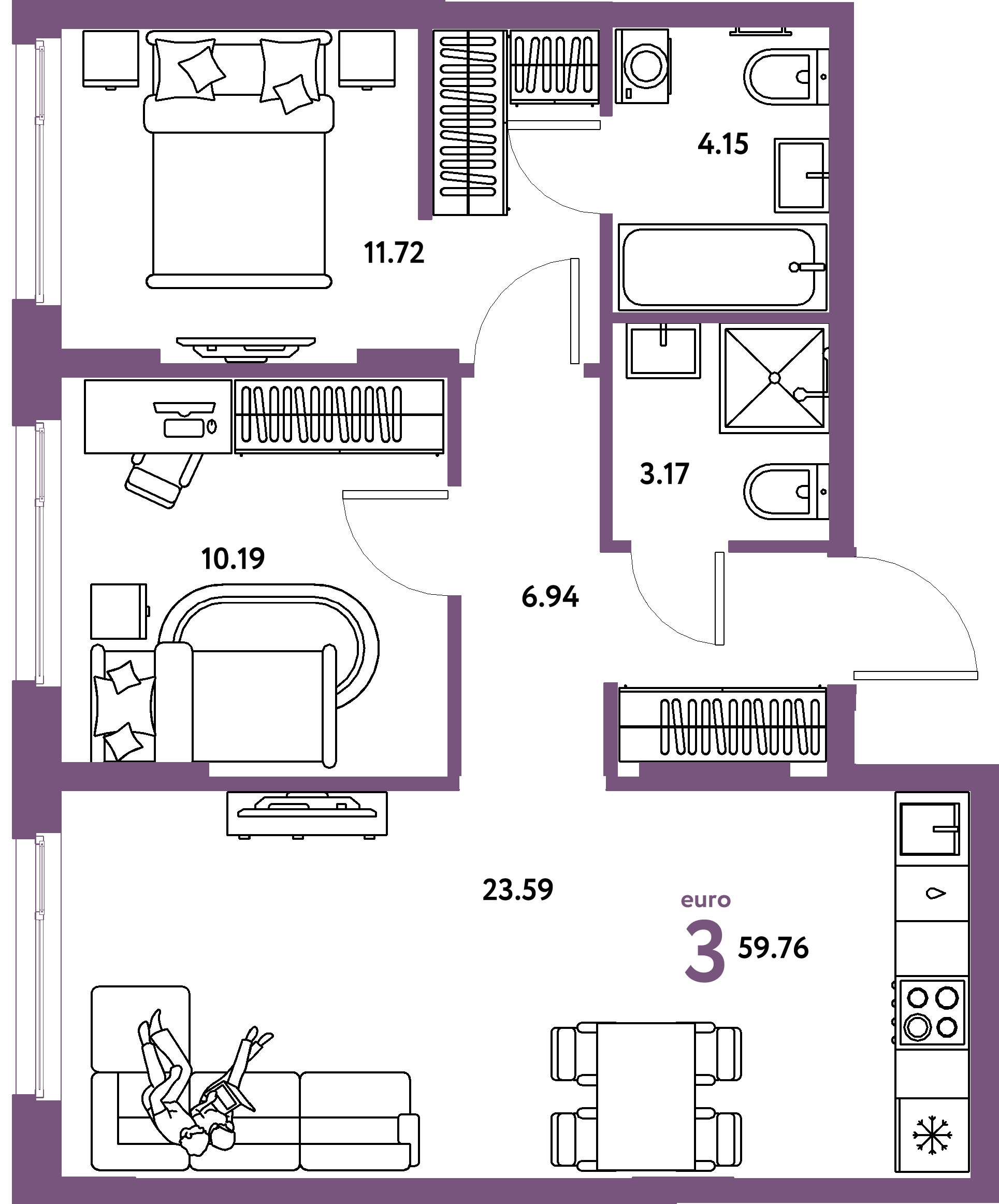 Планировка: Евротрёшка 59,76 м² в ЖК «Европейский берег 2.0»