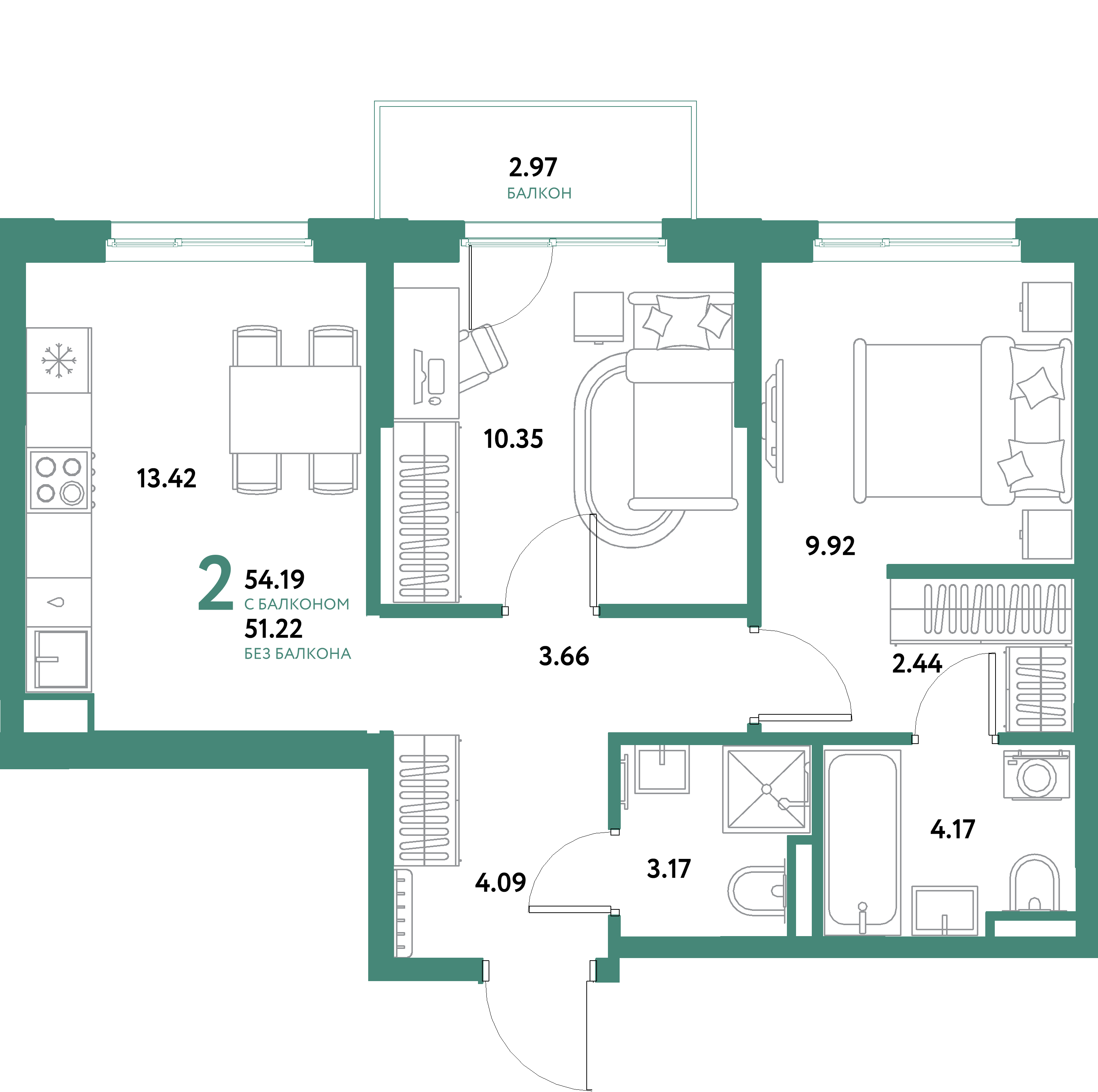 Планировка: 2-комнатная 54,19 м² в ЖК «Остров-сад»