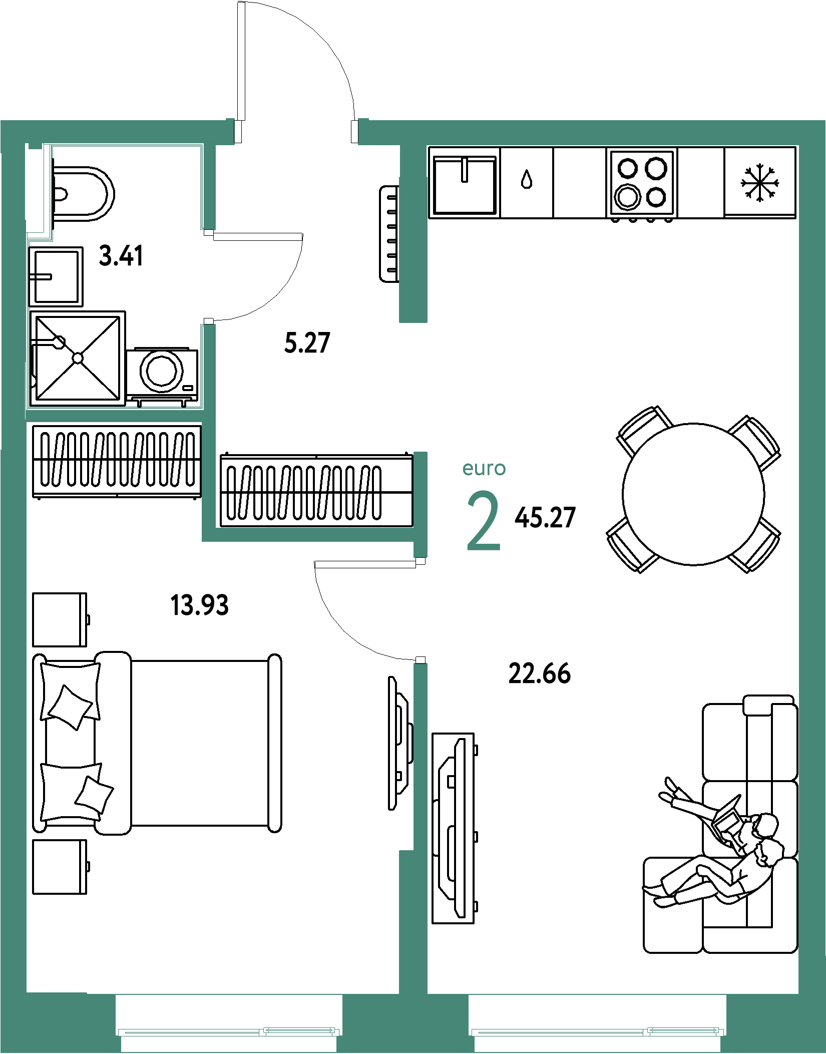 Планировка: Евродвушка 45,27 м² в ЖК «Домашний»