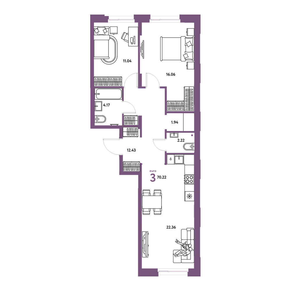 Планировка: Евротрёшка 70,22 м²