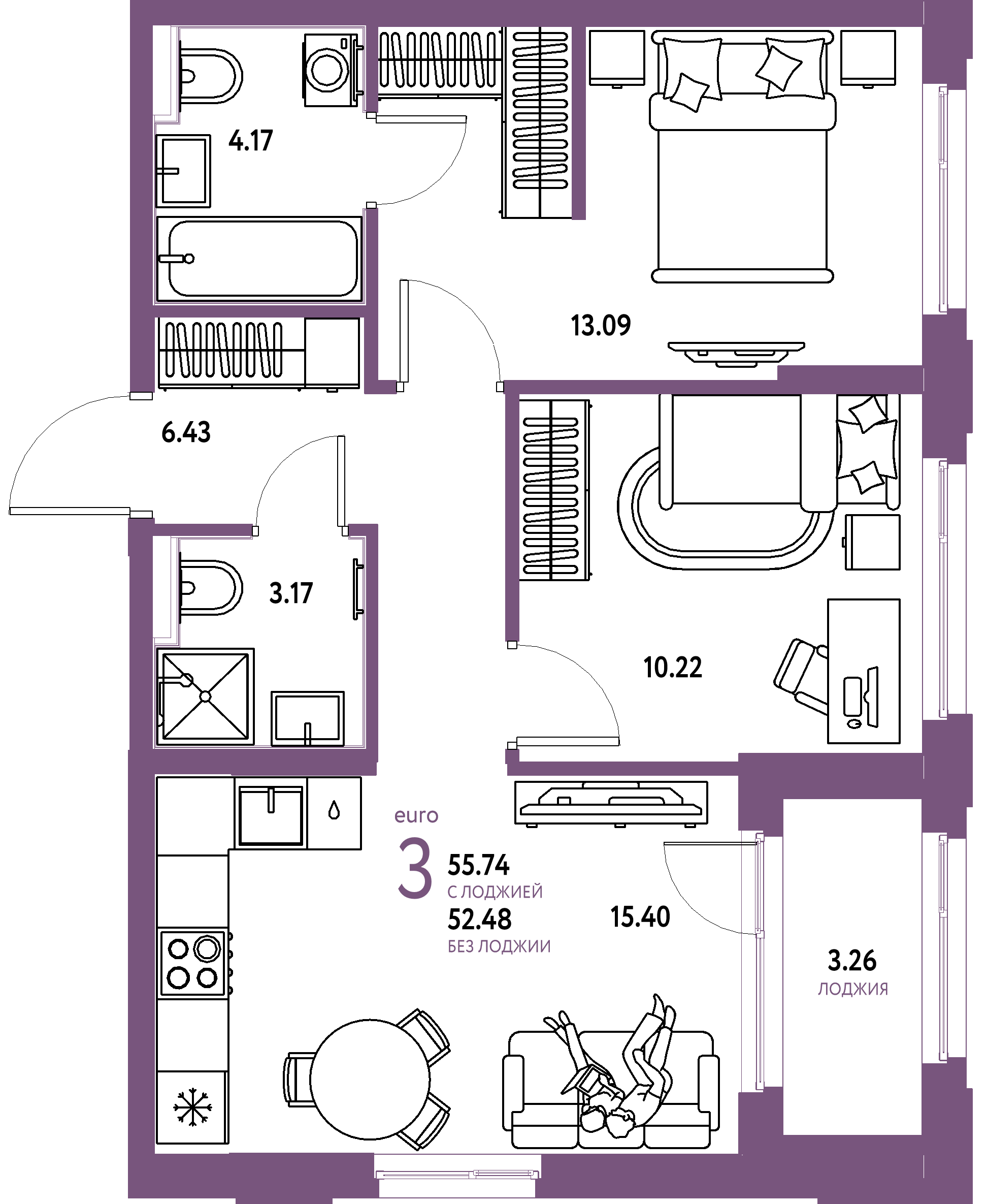 Планировка: Евротрёшка 55,74 м² в ЖК «Сердце Сибири»