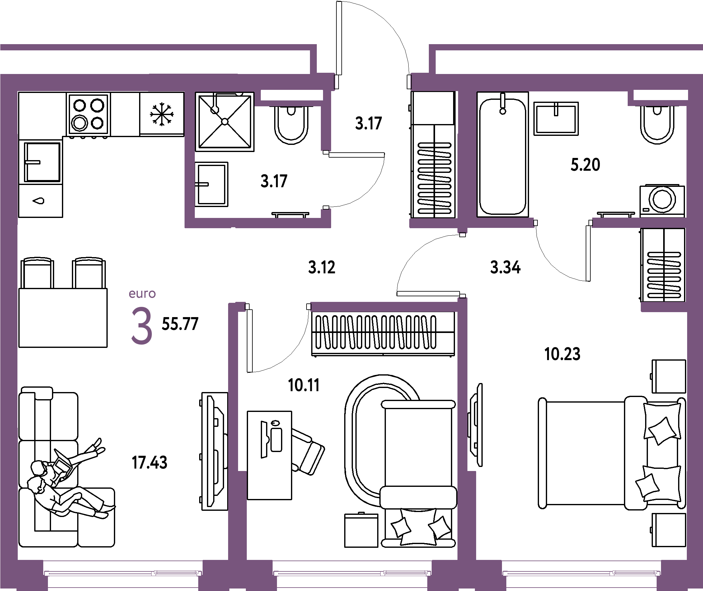 Планировка: Евротрёшка 55,77 м² в ЖК «Страна.Прибрежная»