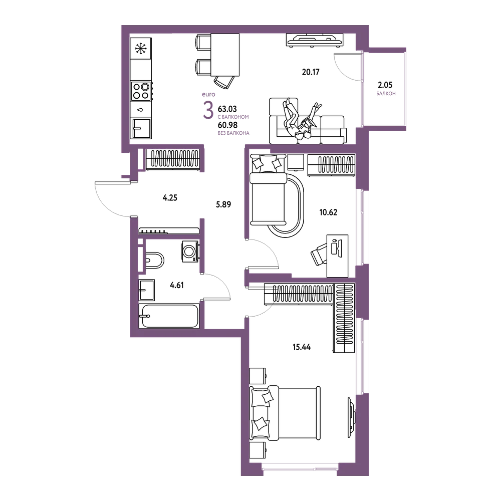 Планировка: Евротрёшка 63,03 м²