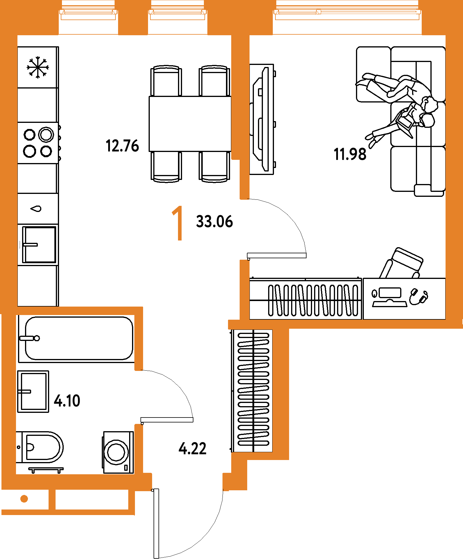 Планировка: 1-комнатная 33,06 м² в ЖК «Домашний»