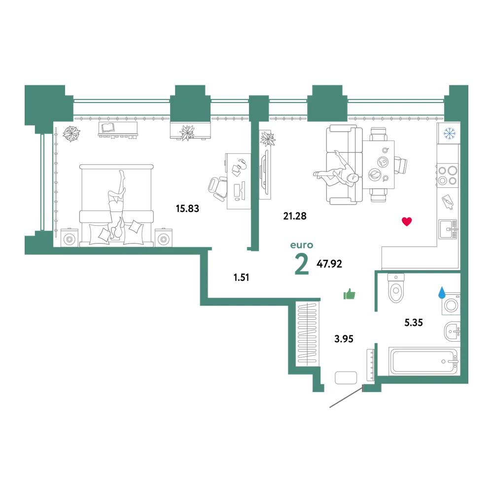 Планировка: Евродвушка 47,92 м²