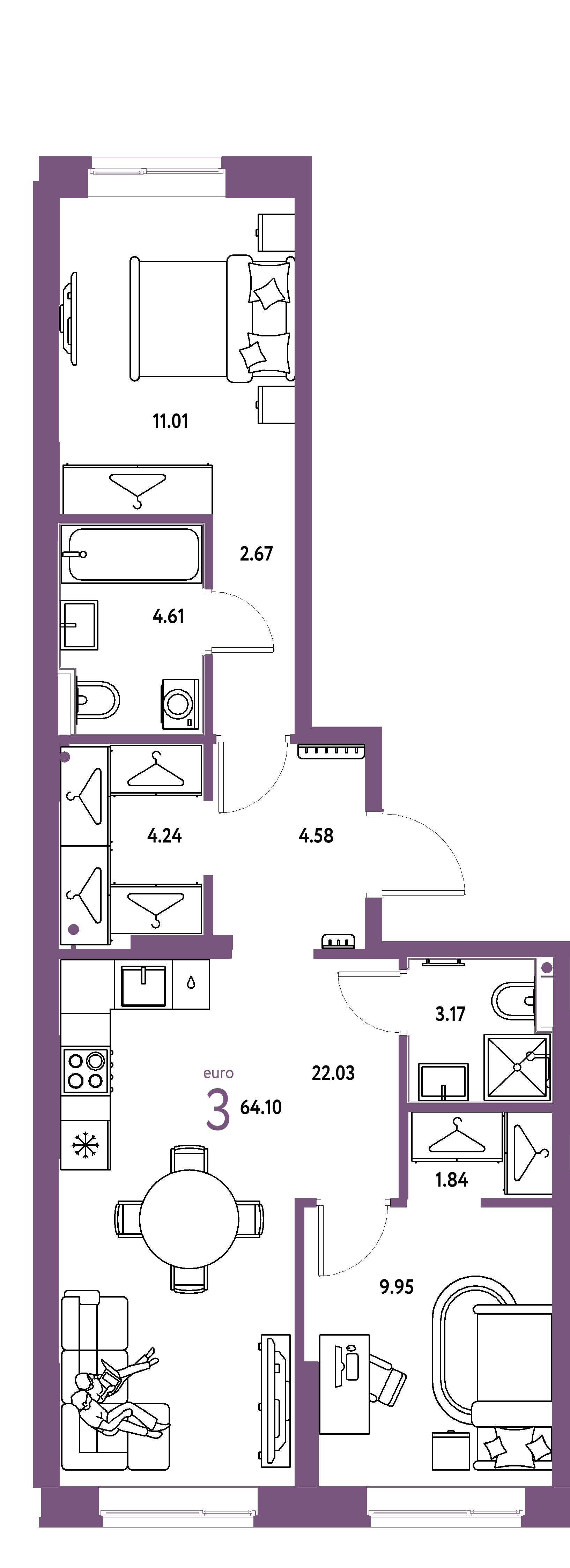 Планировка: Евротрёшка 64,1 м² в ЖК «Европейский берег 2.0»