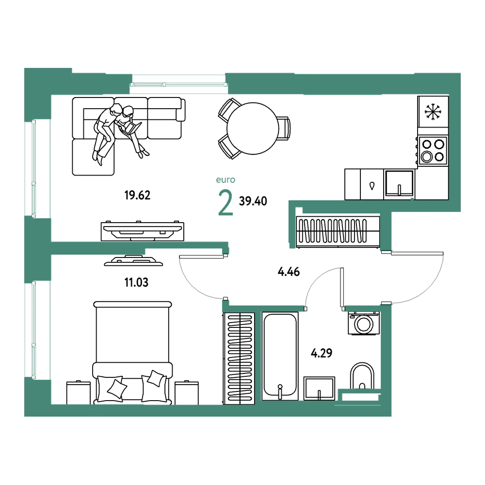 Планировка: Евродвушка 39,4 м²