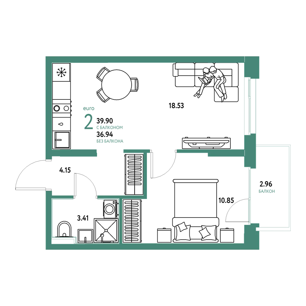 Планировка: Евродвушка 39,62 м²