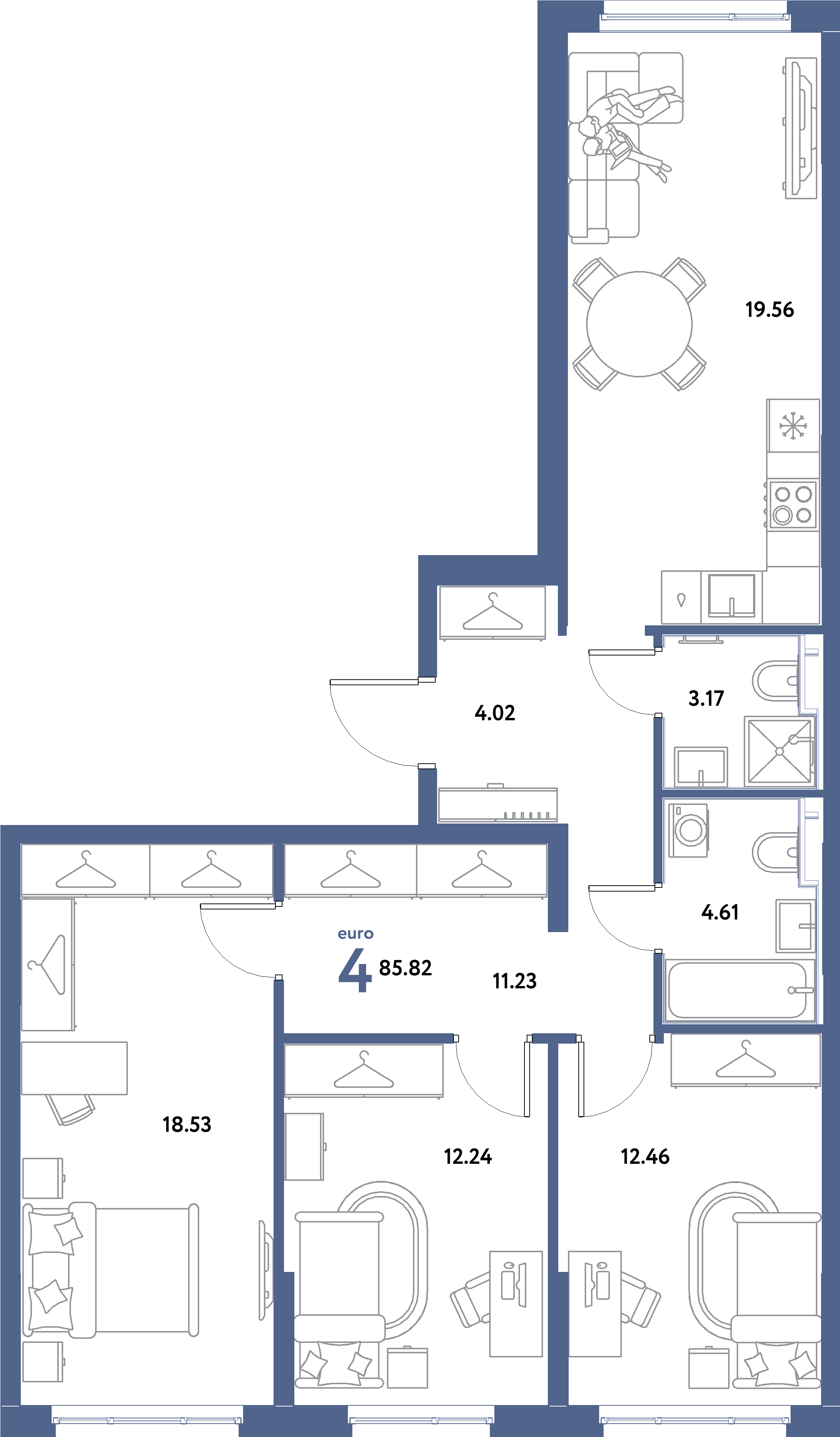 Планировка: Евро-4 85,82 м² в ЖК «Остров-сад»