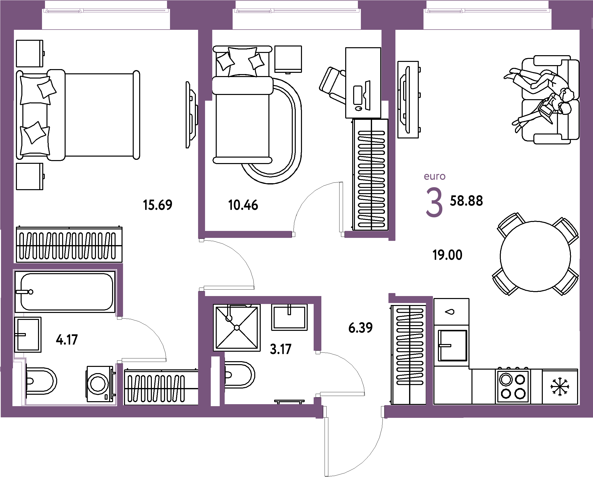 Планировка: Евротрёшка 58,88 м² в ЖК «Домашний»