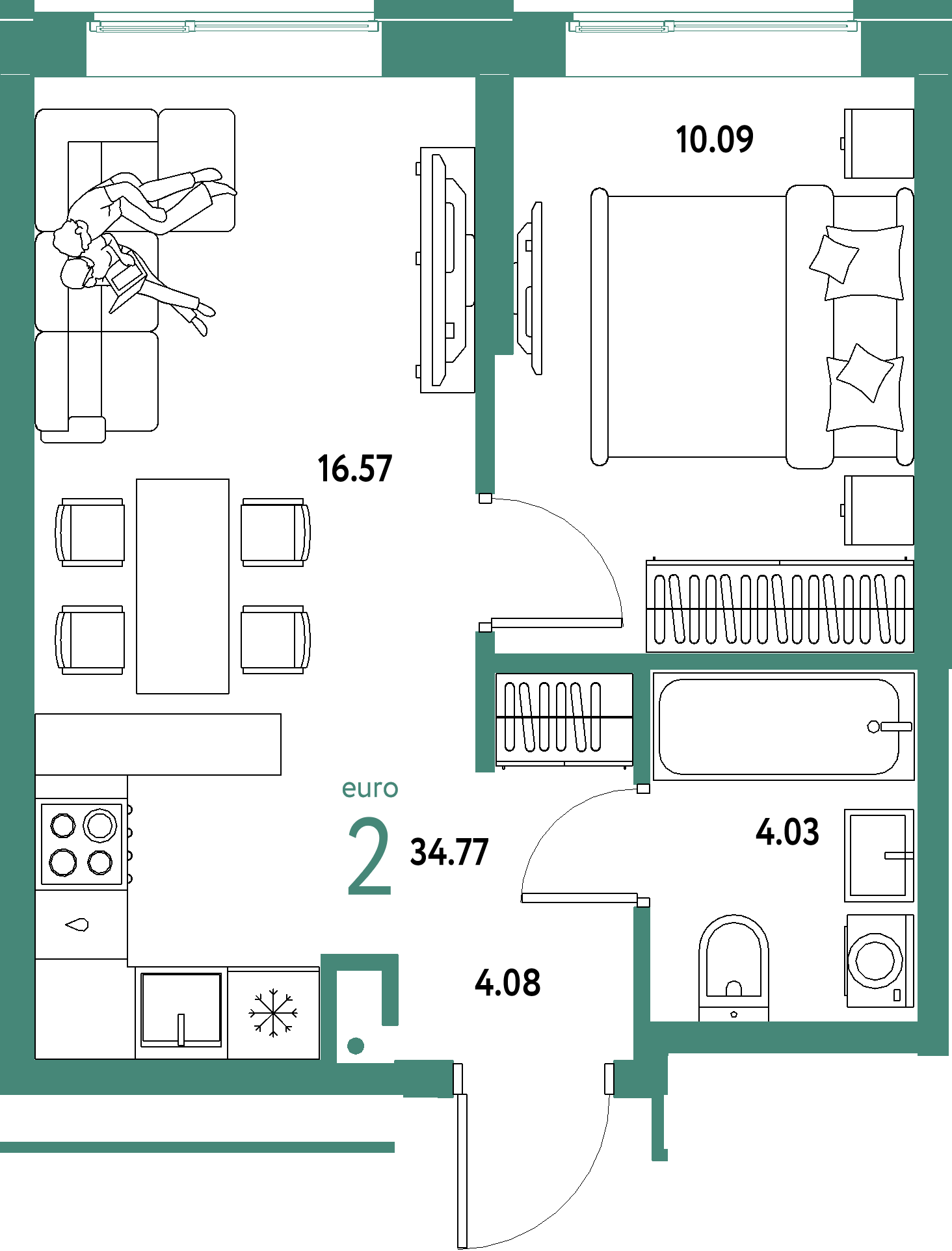Планировка: Евродвушка 34,77 м² в ЖК «Домашний»