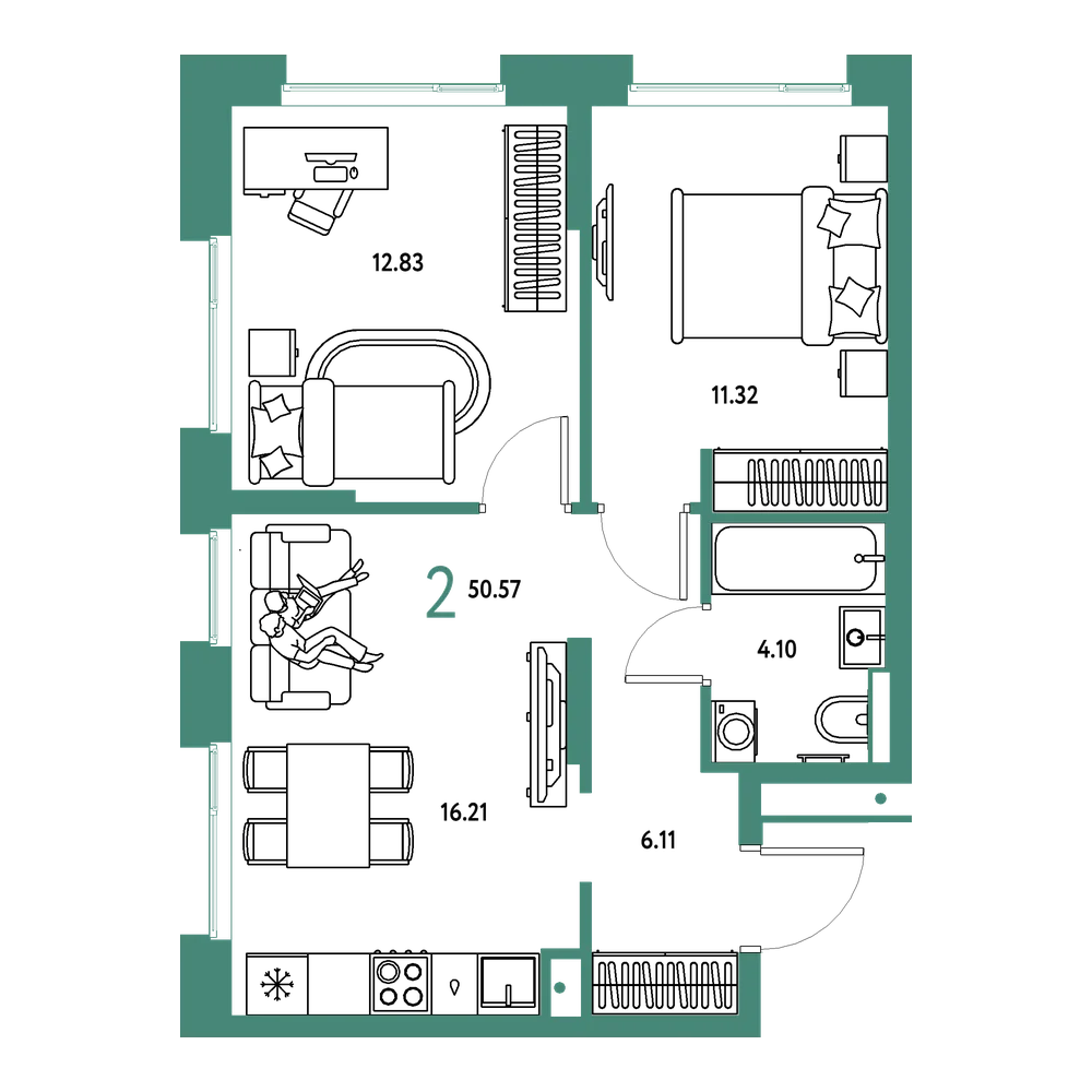 Планировка: 2-комнатная 50,57 м²