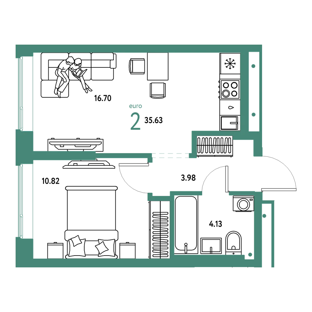 Планировка: Евродвушка 35,63 м²