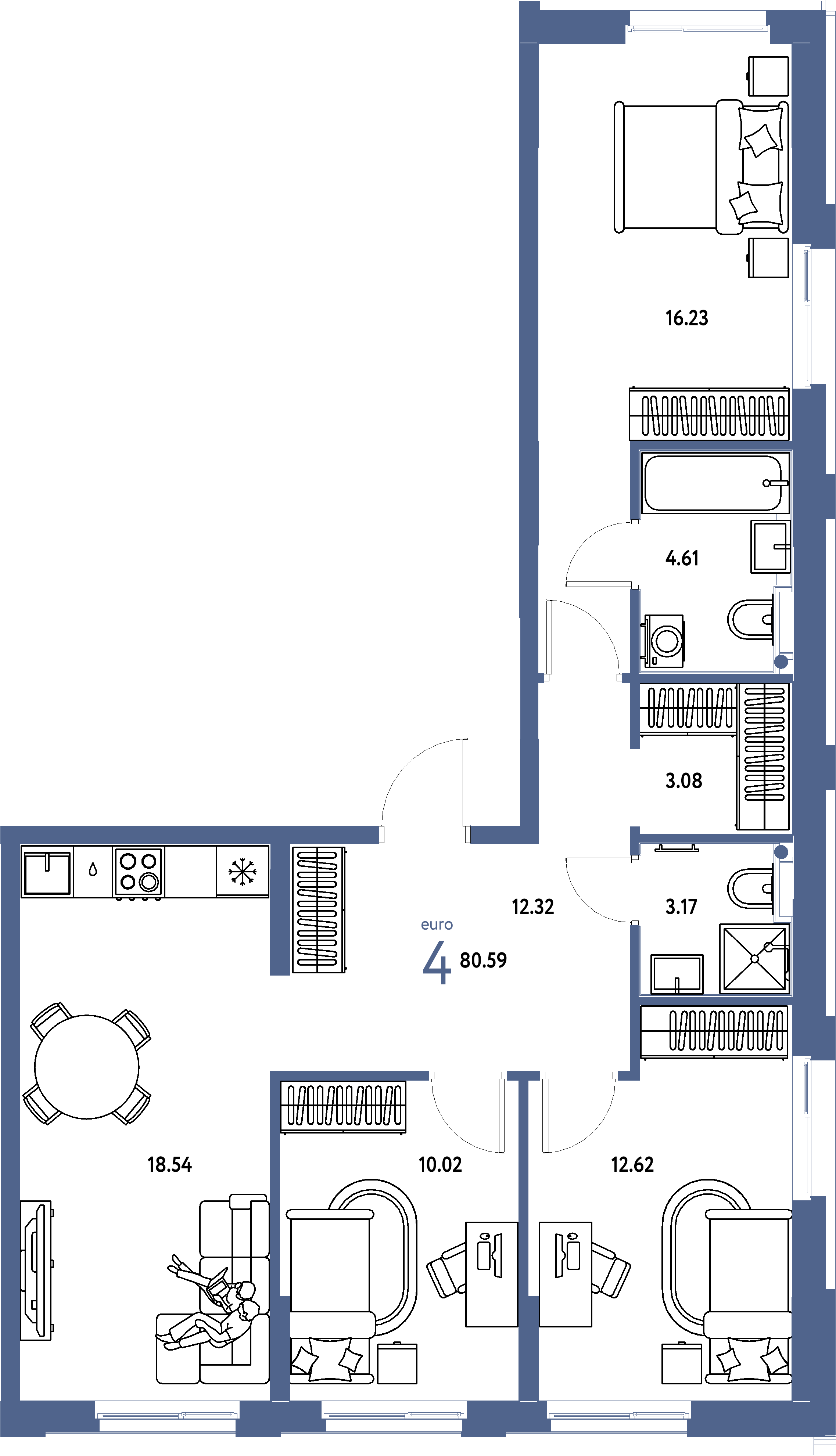 Планировка: Евро-4 80,59 м² в ЖК «Домашний»