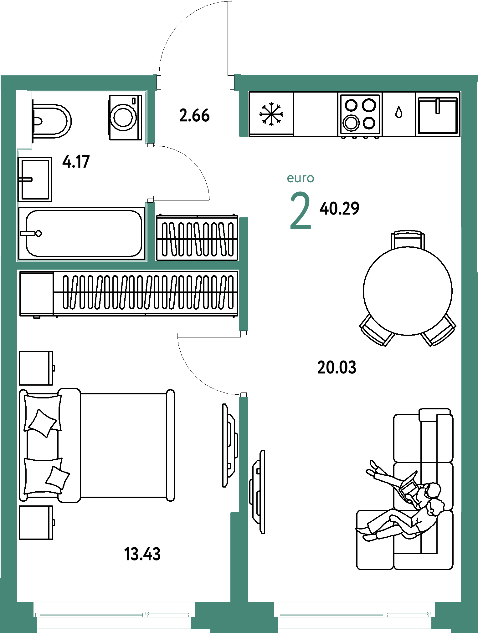 Планировка: Евродвушка 40,29 м² в ЖК «Домашний»