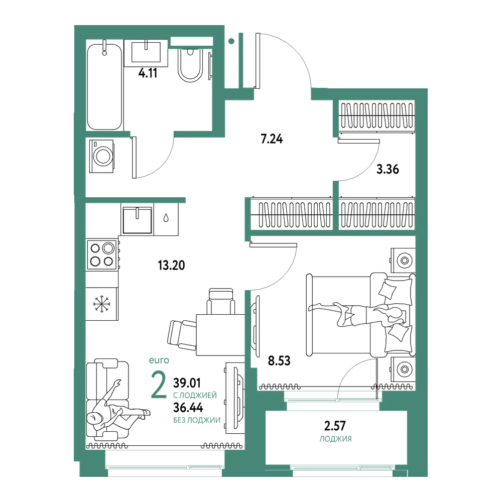 Планировка: Евродвушка 39,01 м²