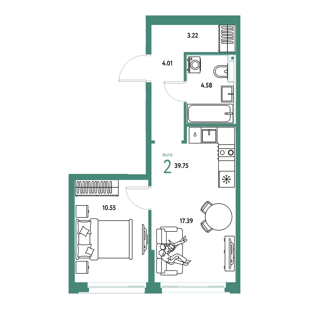 Планировка: Евродвушка 39,75 м²